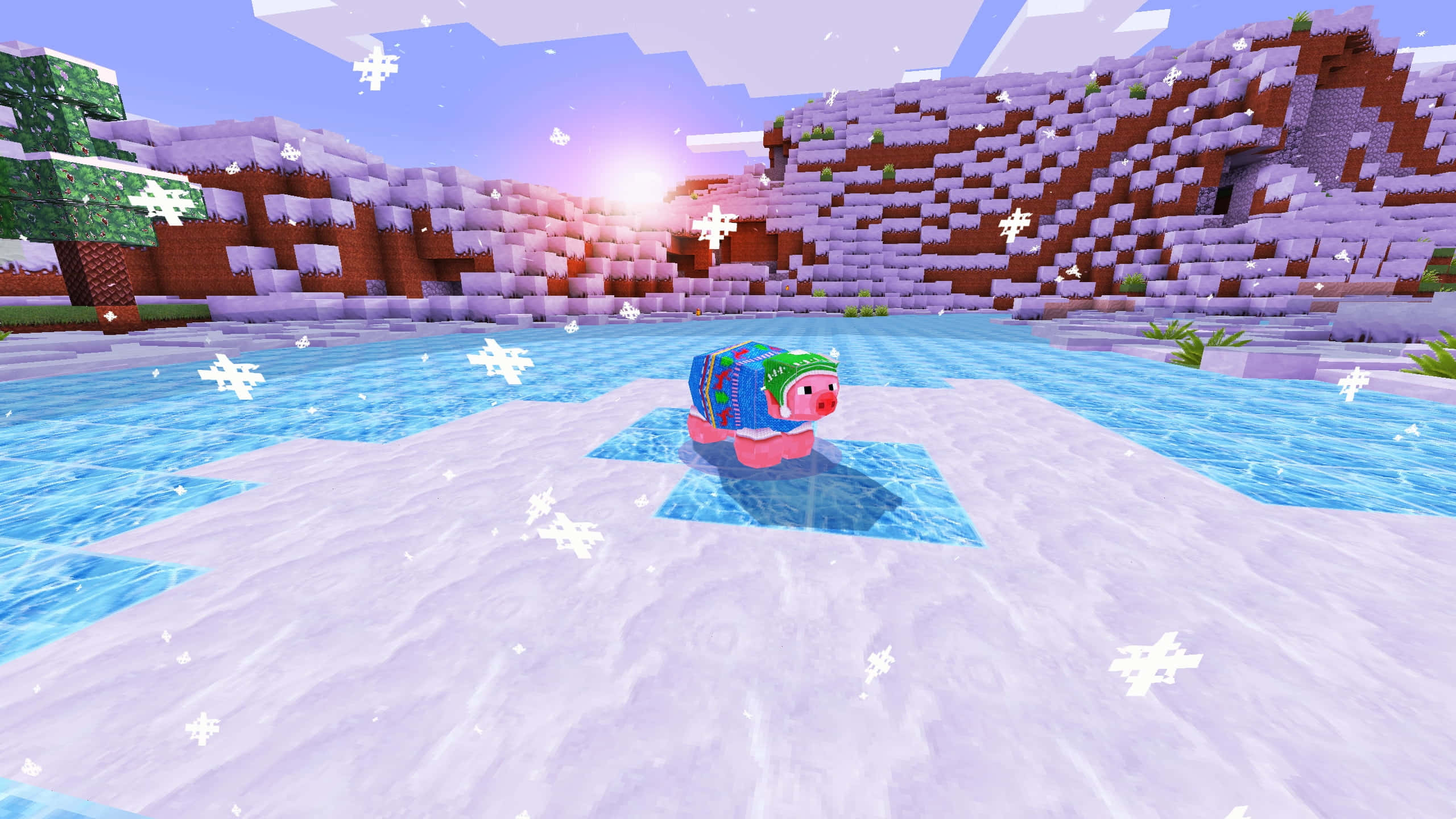 Minecraft Adventure, pig, snowy lake, 2K Desktop Wallpaper