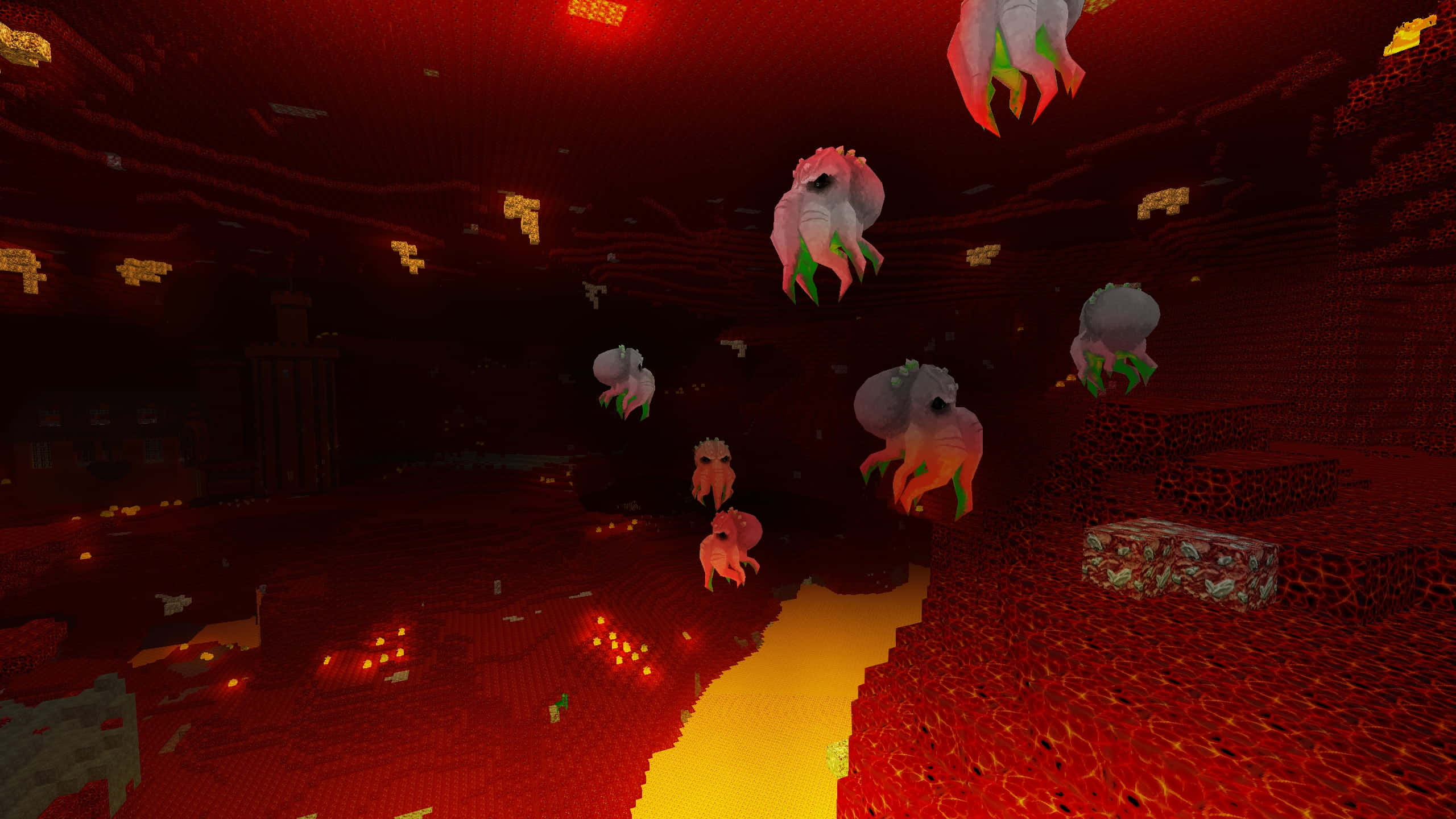 Minecraft Adventure, pink and green jellyfish, glowing lava, 2K Desktop Wallpaper