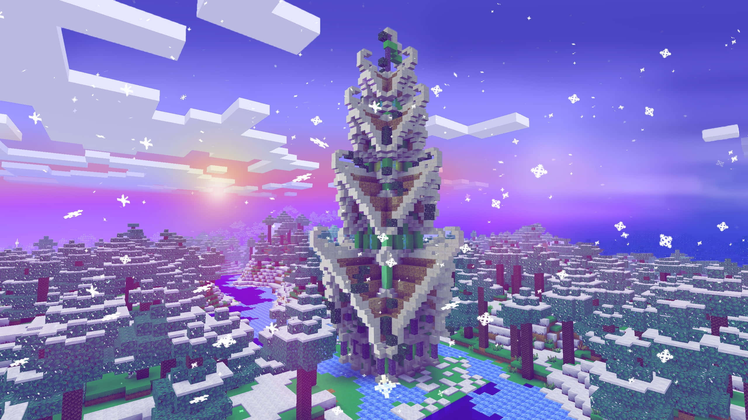 Minecraft Adventure, pixelated tree, snowy Minecraft forest, 2K Desktop Wallpaper