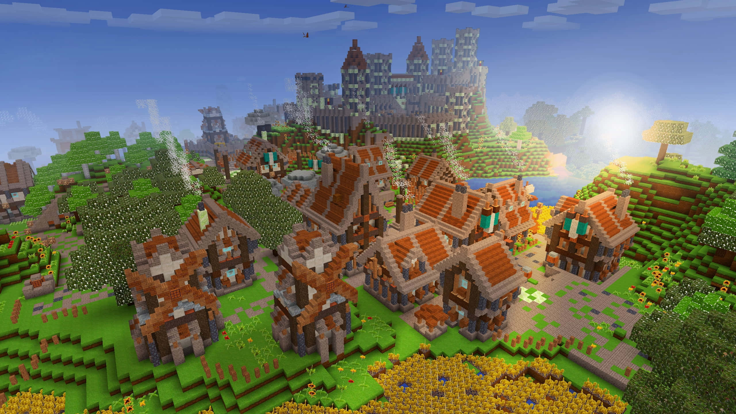 Minecraft Adventure, red-roofed houses, castle on a hill, 2K Desktop Wallpaper