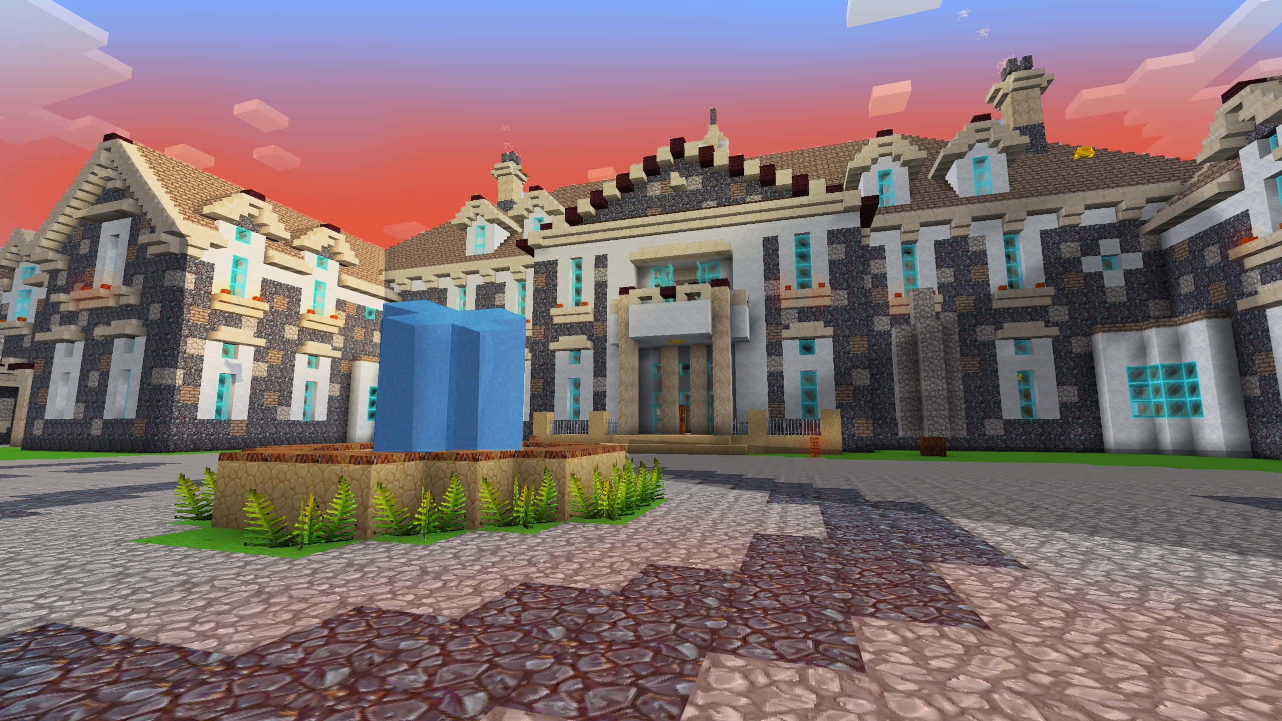 Minecraft Adventure, pixelated mansion, stone walls, 2K Desktop Wallpaper