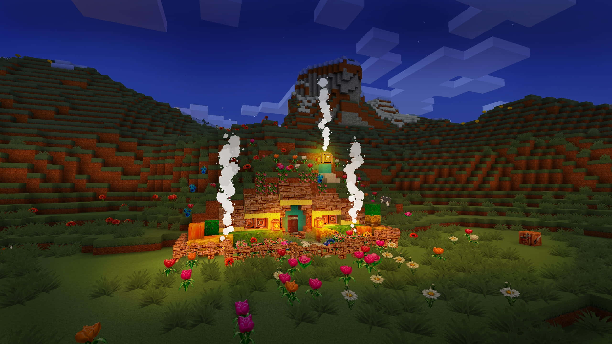 Minecraft, glowing Minecraft house, blooming field, 2K Desktop Wallpaper