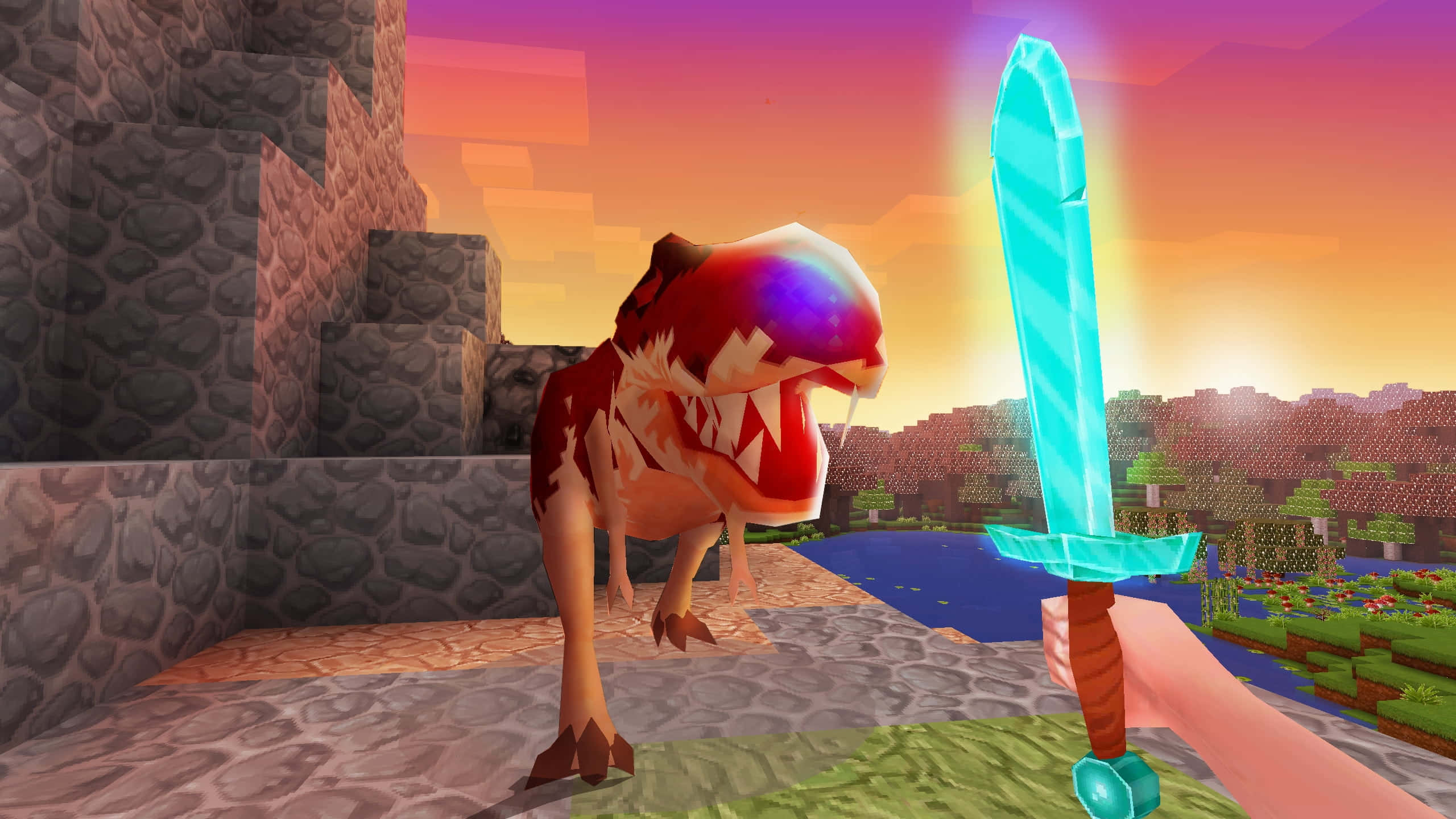 Minecraft Adventure, glowing cyan sword, roaring red dinosaur, 2K Desktop Wallpaper