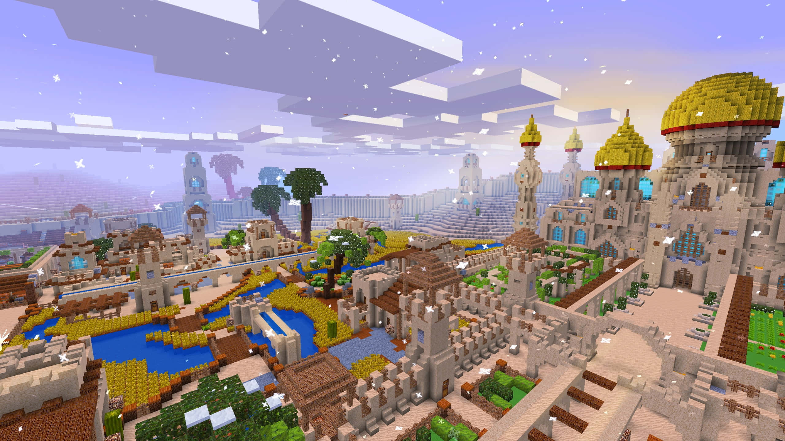 Minecraft Adventure, golden domes, pixelated architecture, 2K Desktop Wallpaper