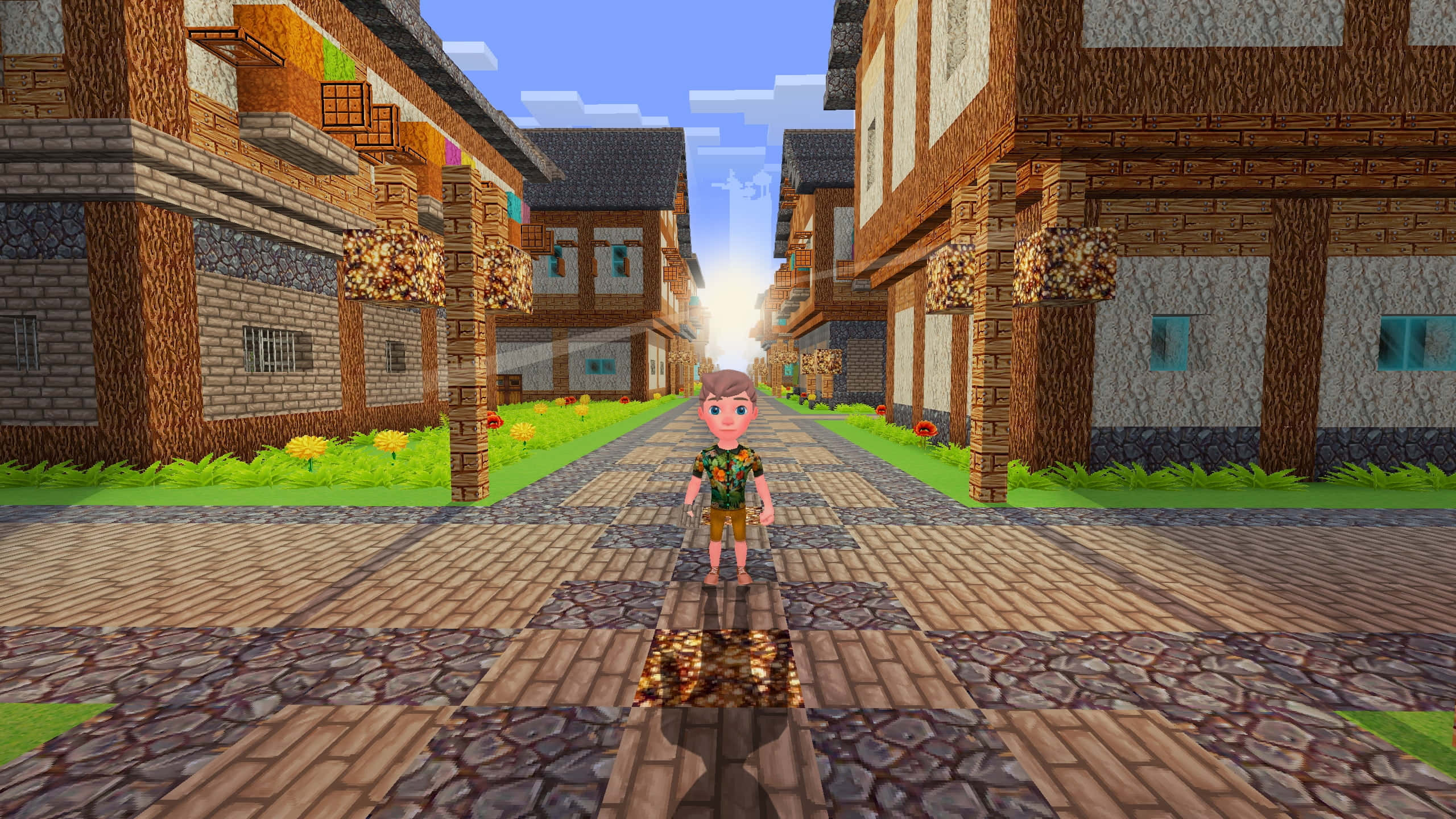 Minecraft Adventure, pixelated character, cobblestone street, 2K Desktop Wallpaper