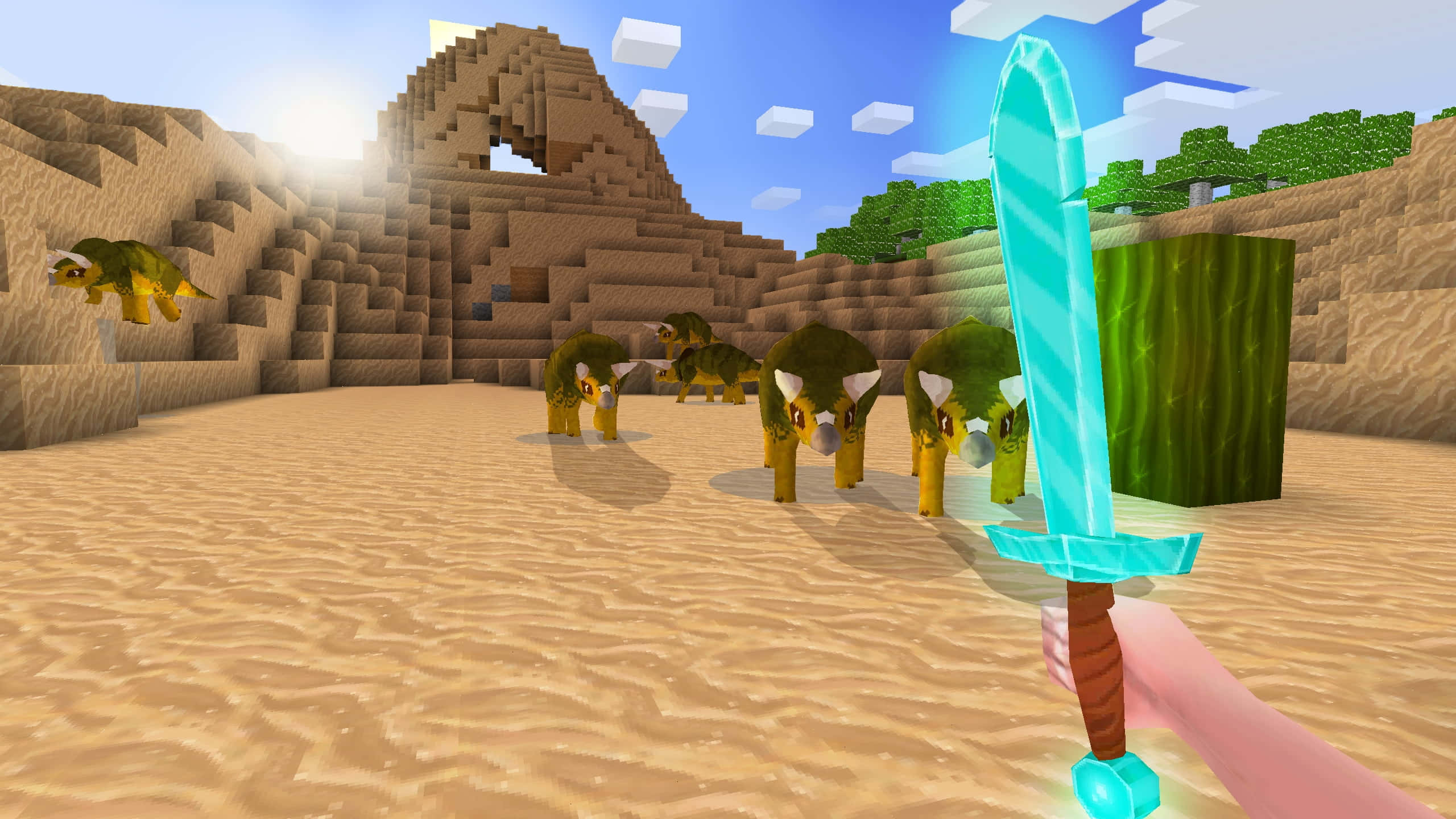 Minecraft Adventure, glowing cyan sword, pixelated triceratops, 2K Desktop Wallpaper