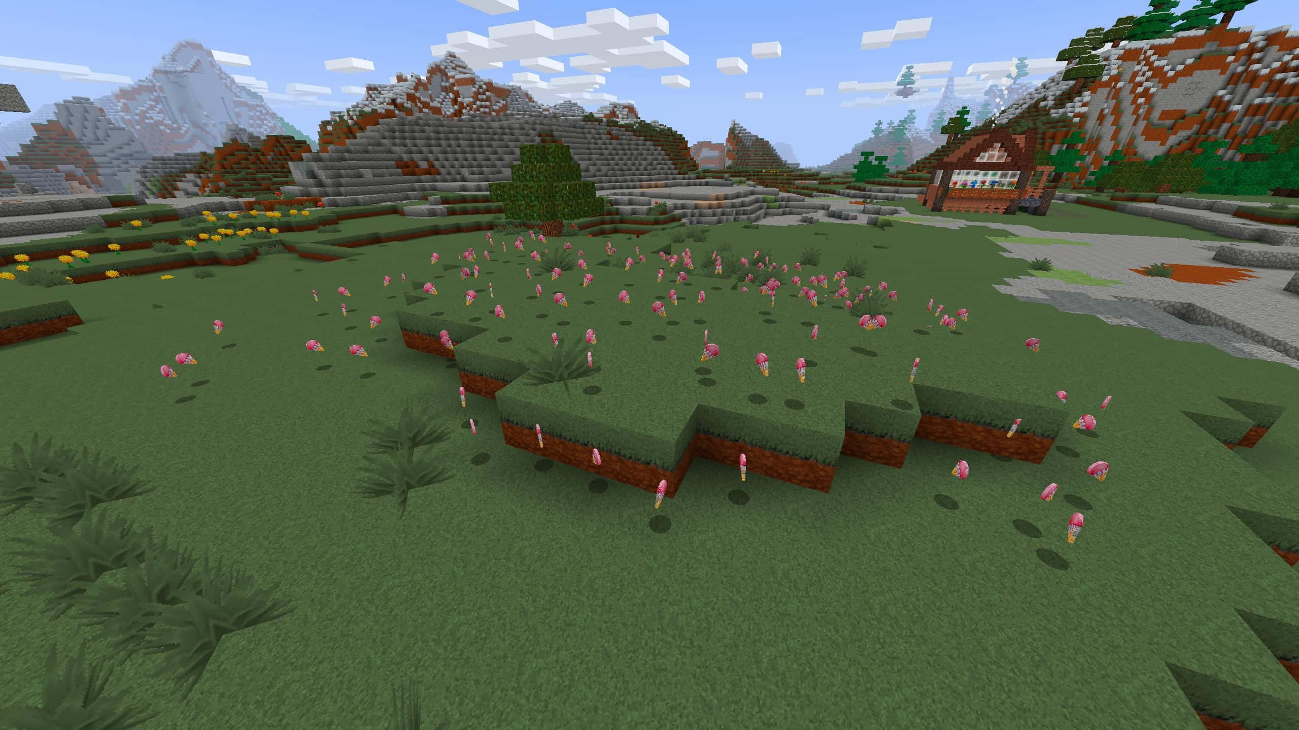 Minecraft Adventure, pink flowers, wooden house, 2K Desktop Wallpaper