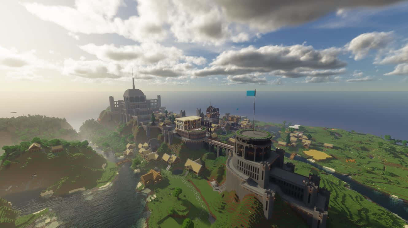 Minecraft, blocky fantasy city, cliffs, HD Desktop Wallpaper