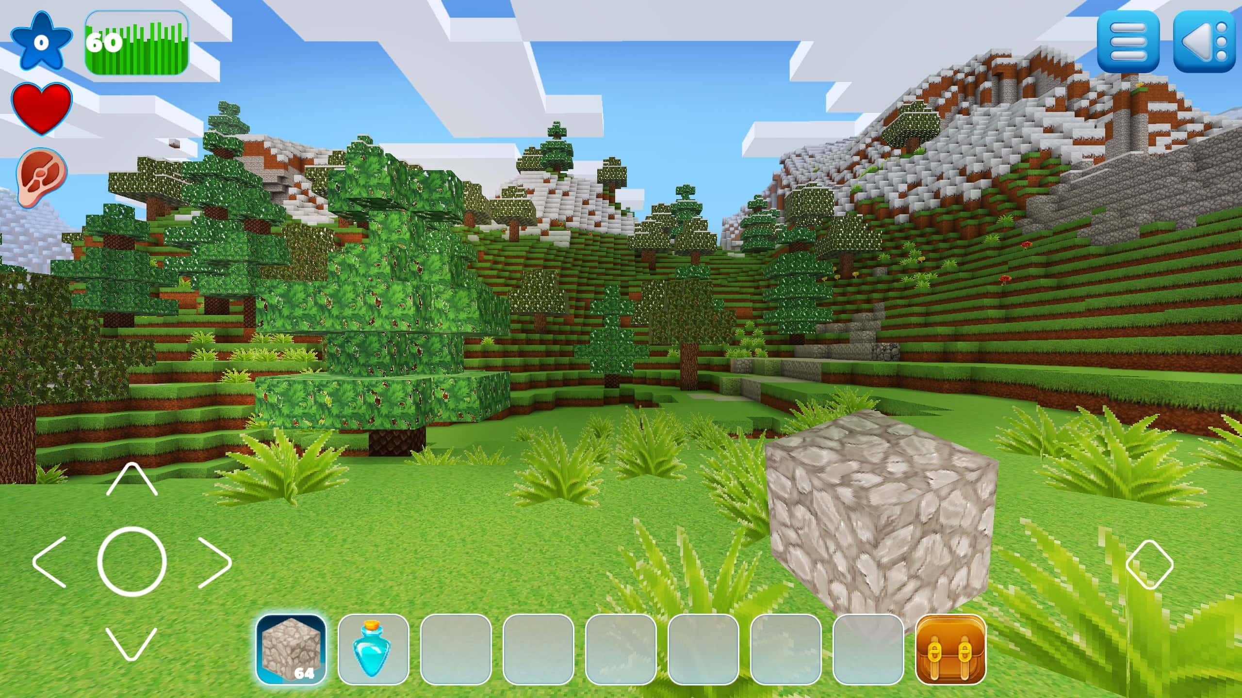 Minecraft Adventure, blocky pixelated landscape, green trees, 2K Desktop Wallpaper
