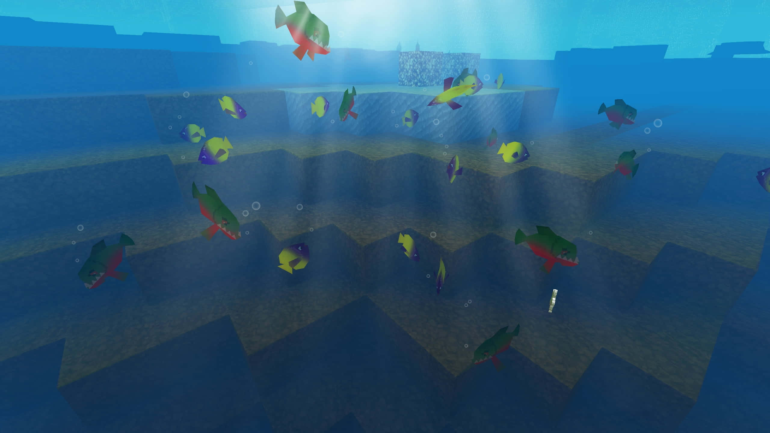 Minecraft Adventure, pixel-art fish, sunlit underwater ruins, 2K Desktop Wallpaper