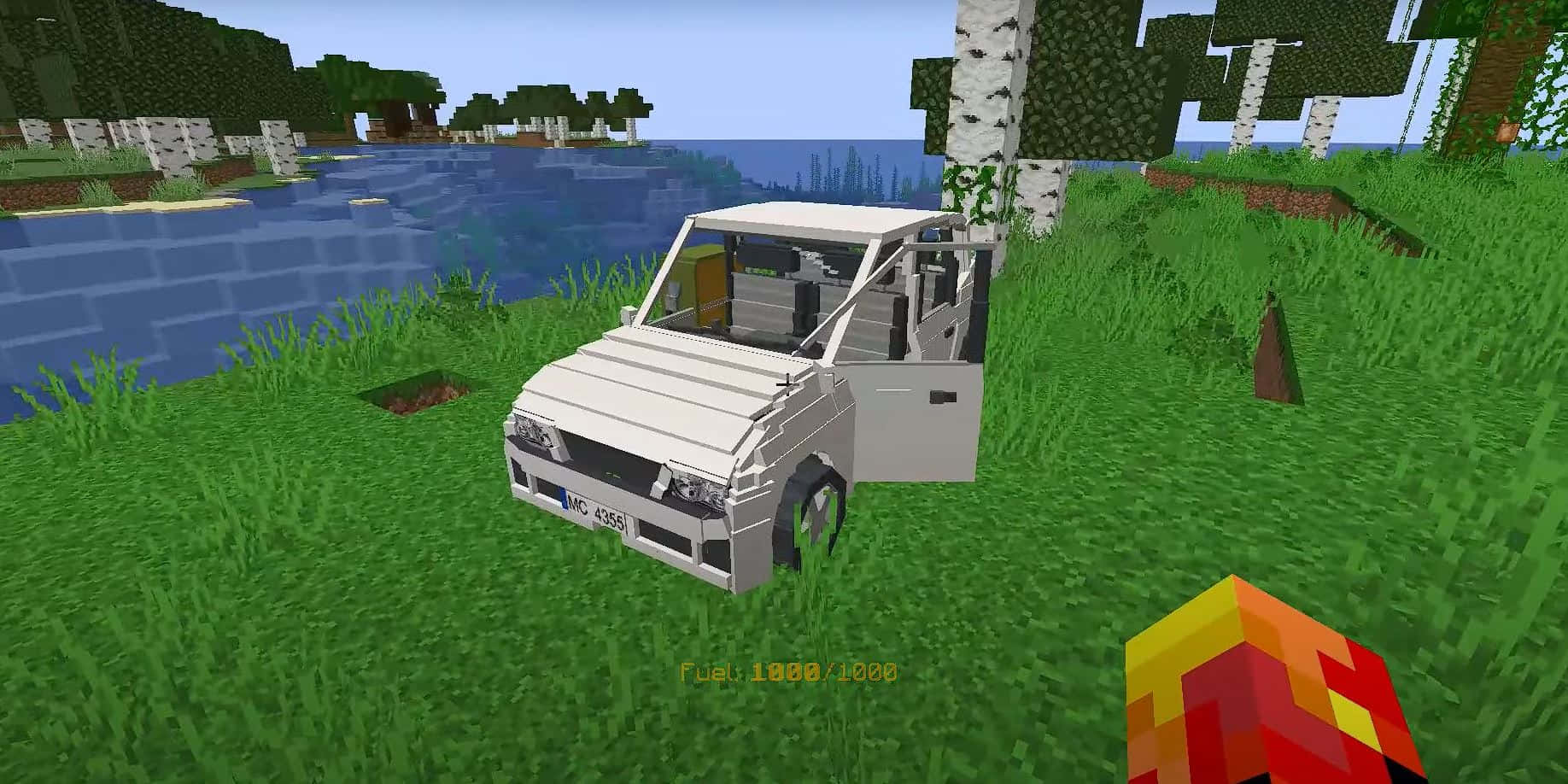 Minecraft, white pixelated car, grass, HD Desktop Wallpaper