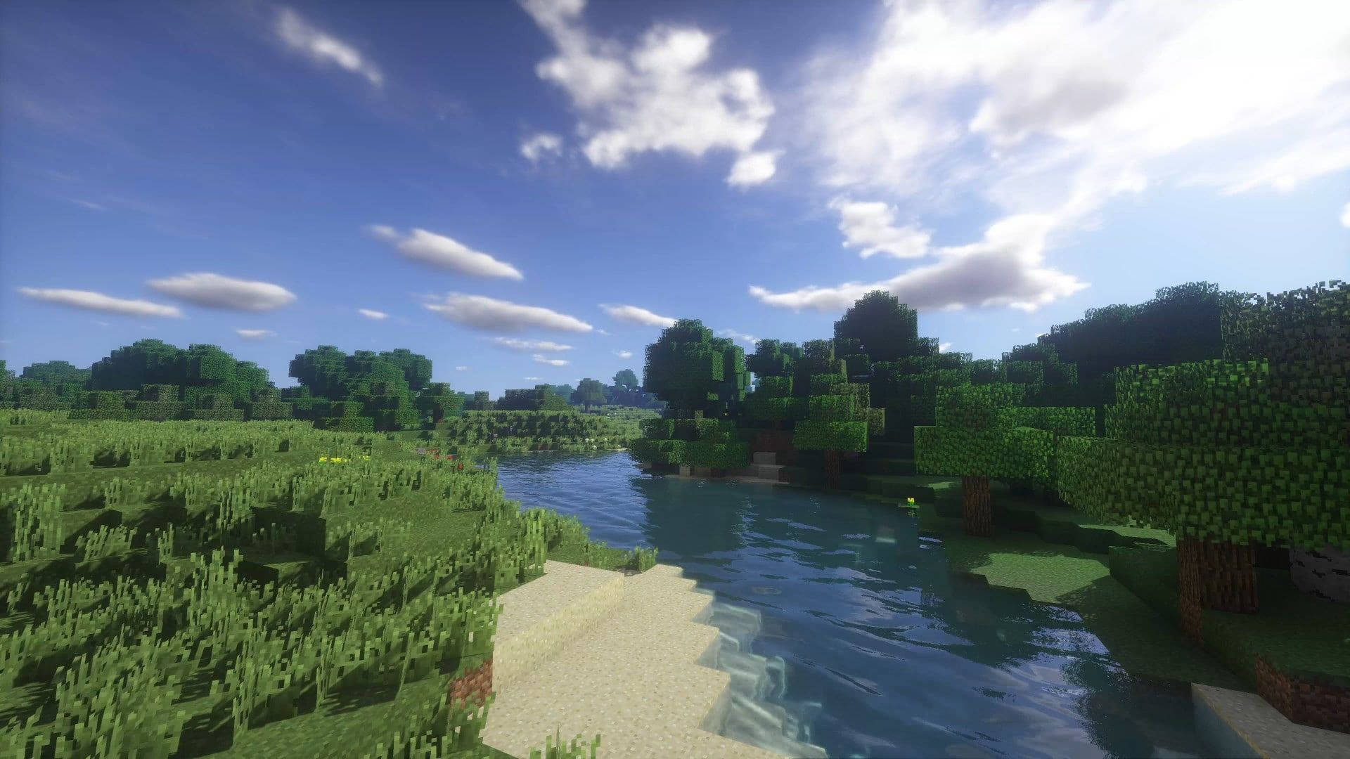Minecraft Aesthetic, green nature trees, winding river, Full HD Desktop Wallpaper