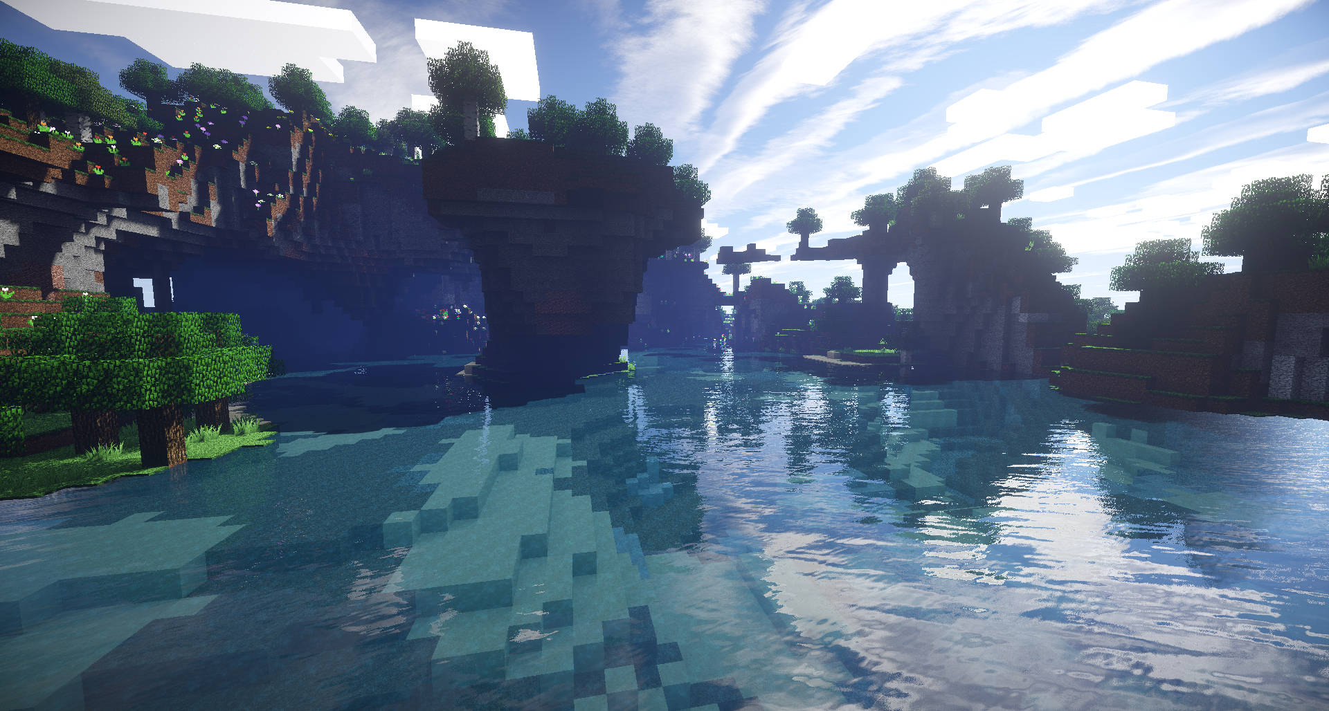 Minecraft Aesthetic, green lake forest, pixelated water, Full HD Desktop Wallpaper