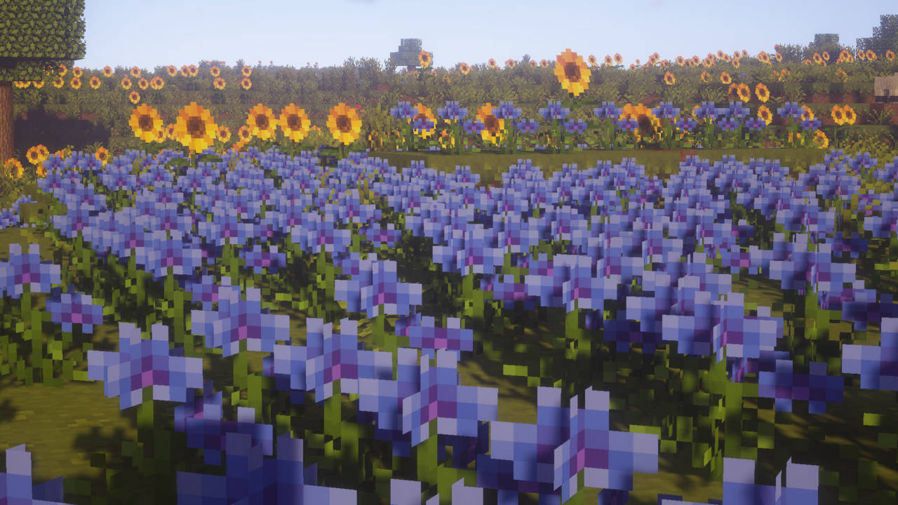 Minecraft Aesthetic, pixelated blue and yellow flowers, clear sky, HD Desktop Wallpaper