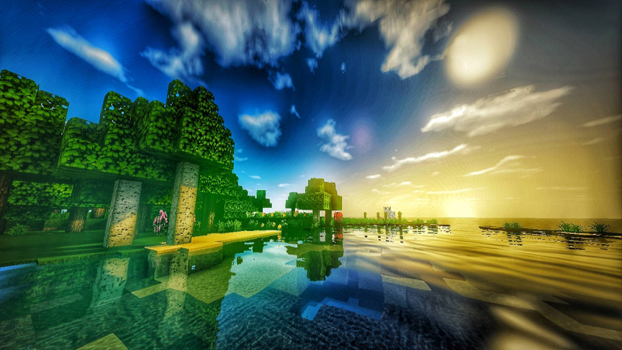 Minecraft, sunset, blocky trees, HD Desktop Wallpaper