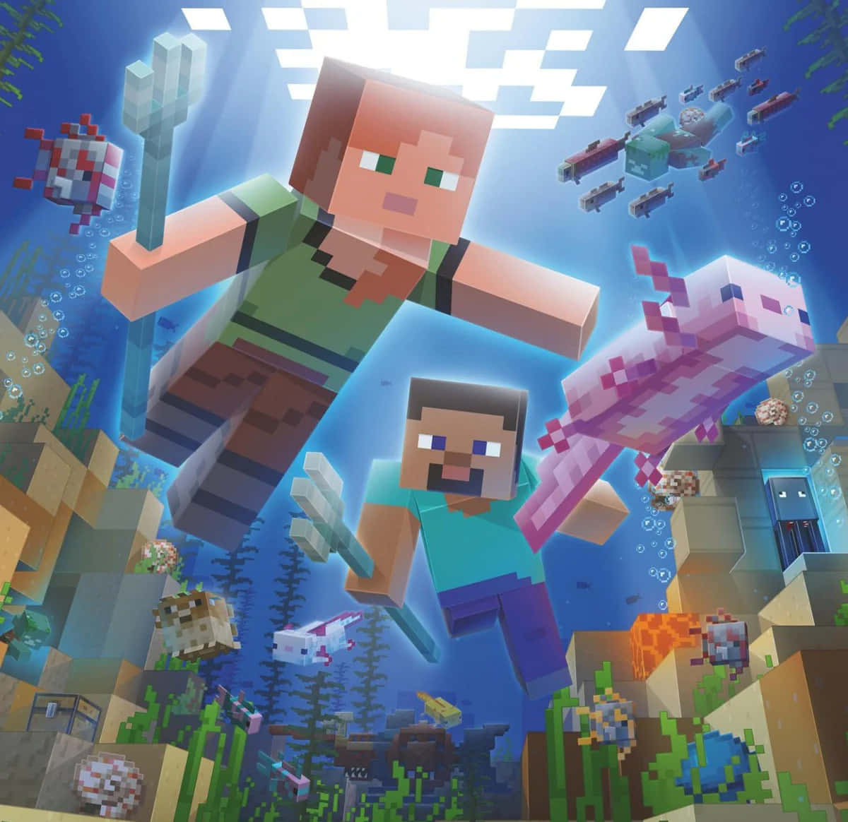 Minecraft Alex, pixelated fish, coral, SD Desktop Wallpaper