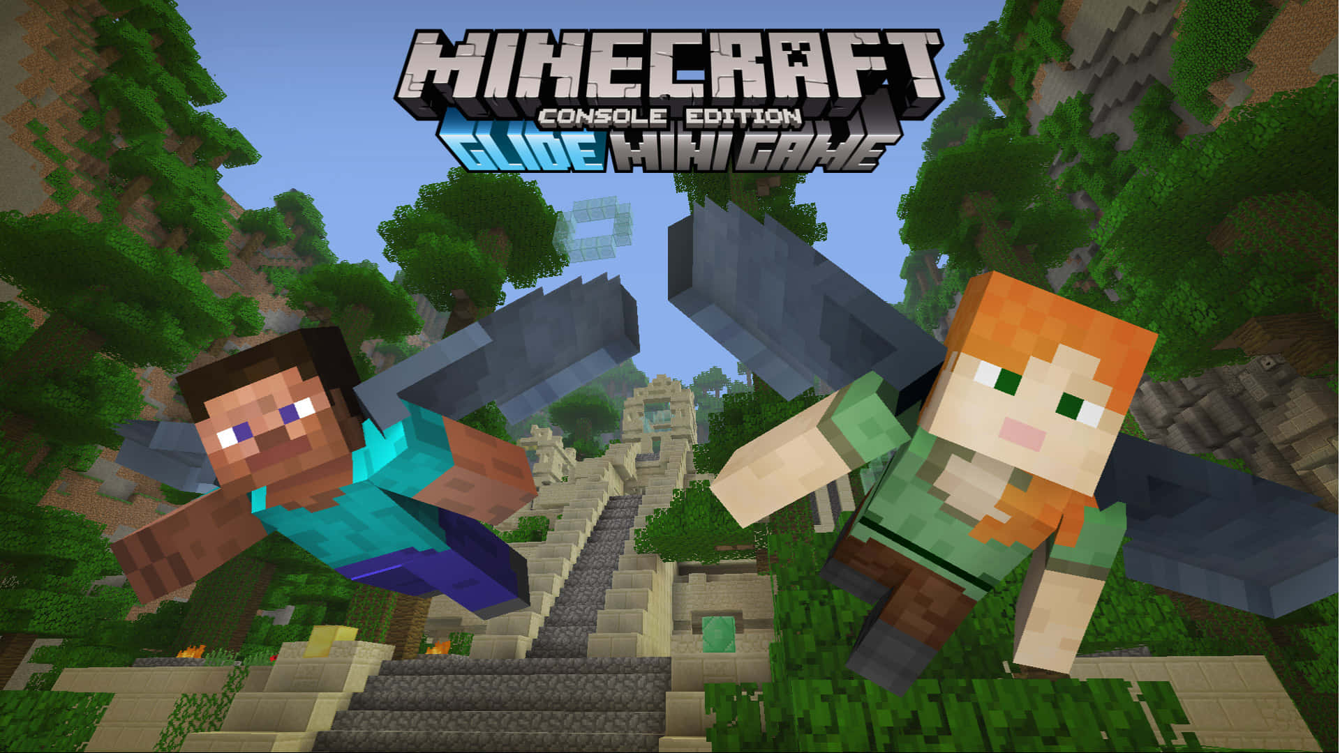 Minecraft Alex, pixelated forest canyon, stone stairs, Full HD Desktop Wallpaper
