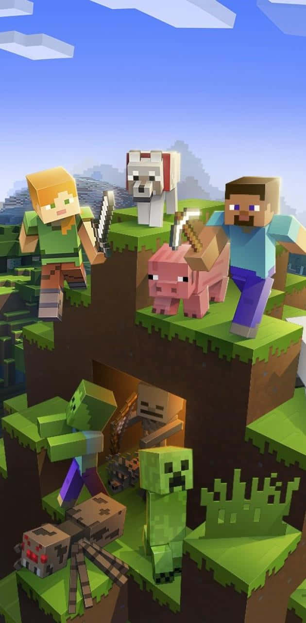 Minecraft Alex, blocky Minecraft characters, grassy cliff, HD Phone Wallpaper