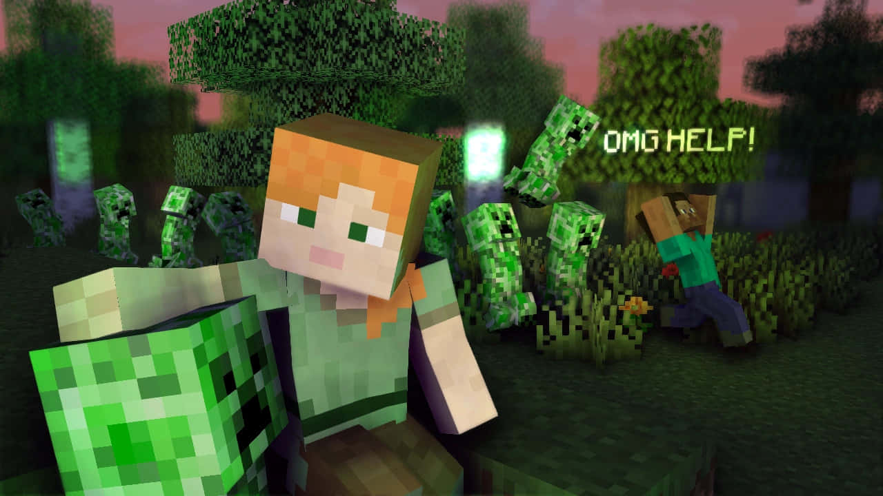 Minecraft Alex, pixelated form, hostile green zombies, HD Desktop Wallpaper