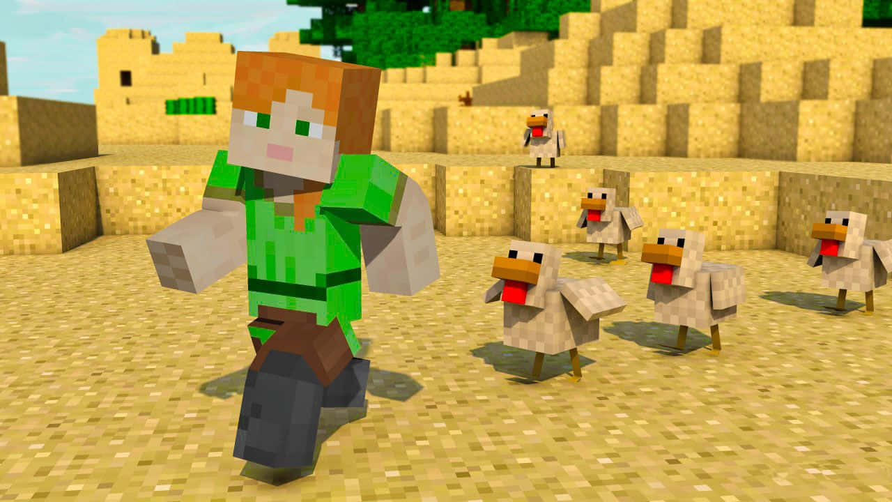 Minecraft Alex, green shirt, pixelated chickens, HD Desktop Wallpaper