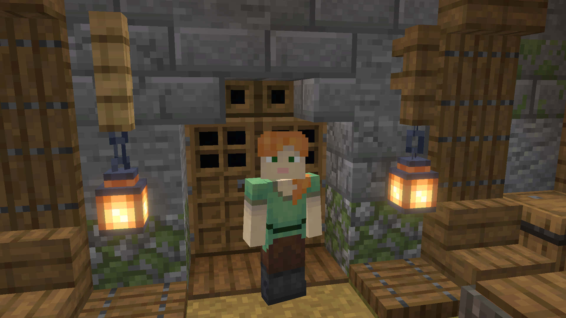 Minecraft Alex, stone and wood doorway, hanging lanterns, Full HD Desktop Wallpaper