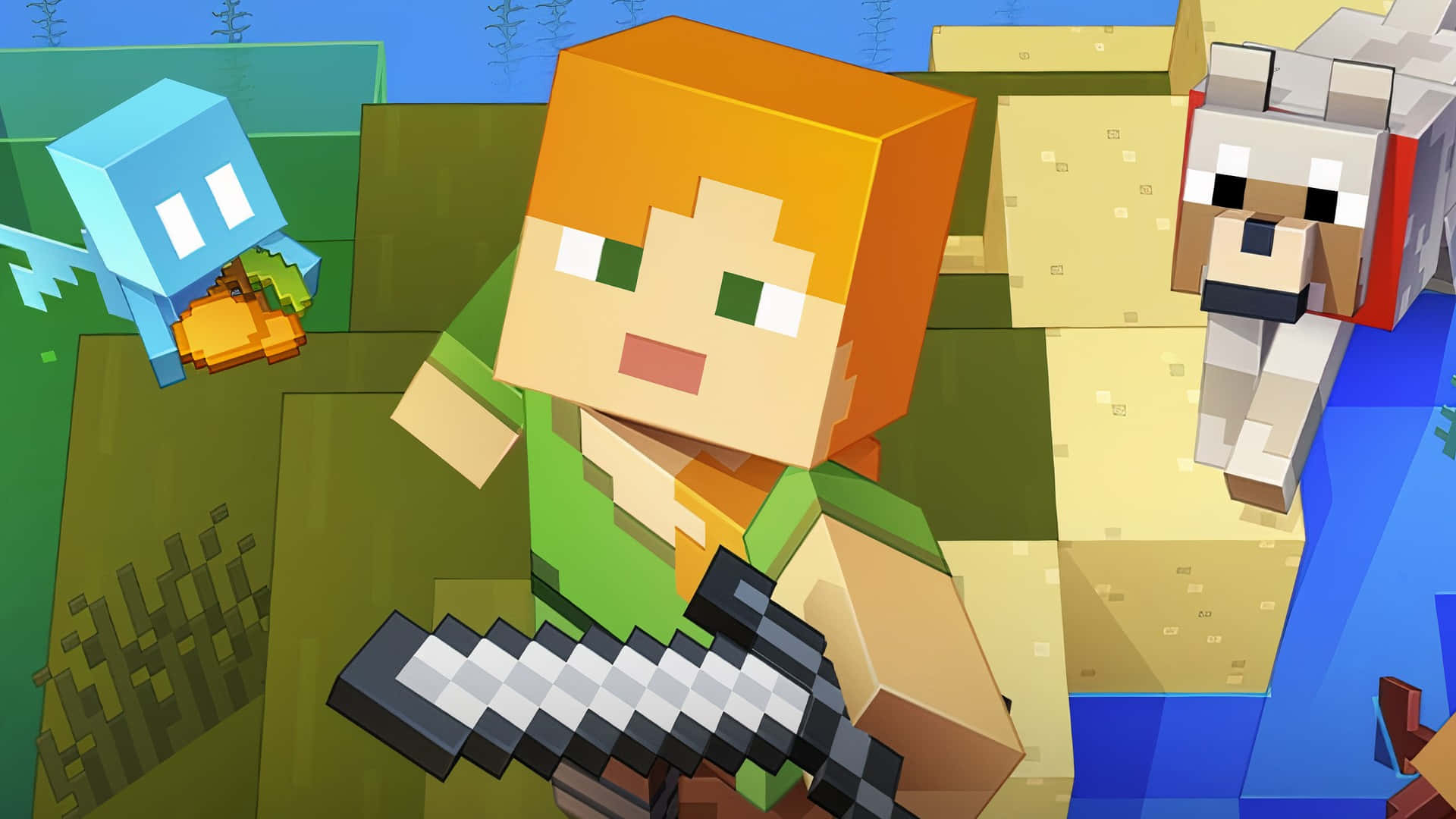 Minecraft Alex, orange hair, sword, Full HD Desktop Wallpaper