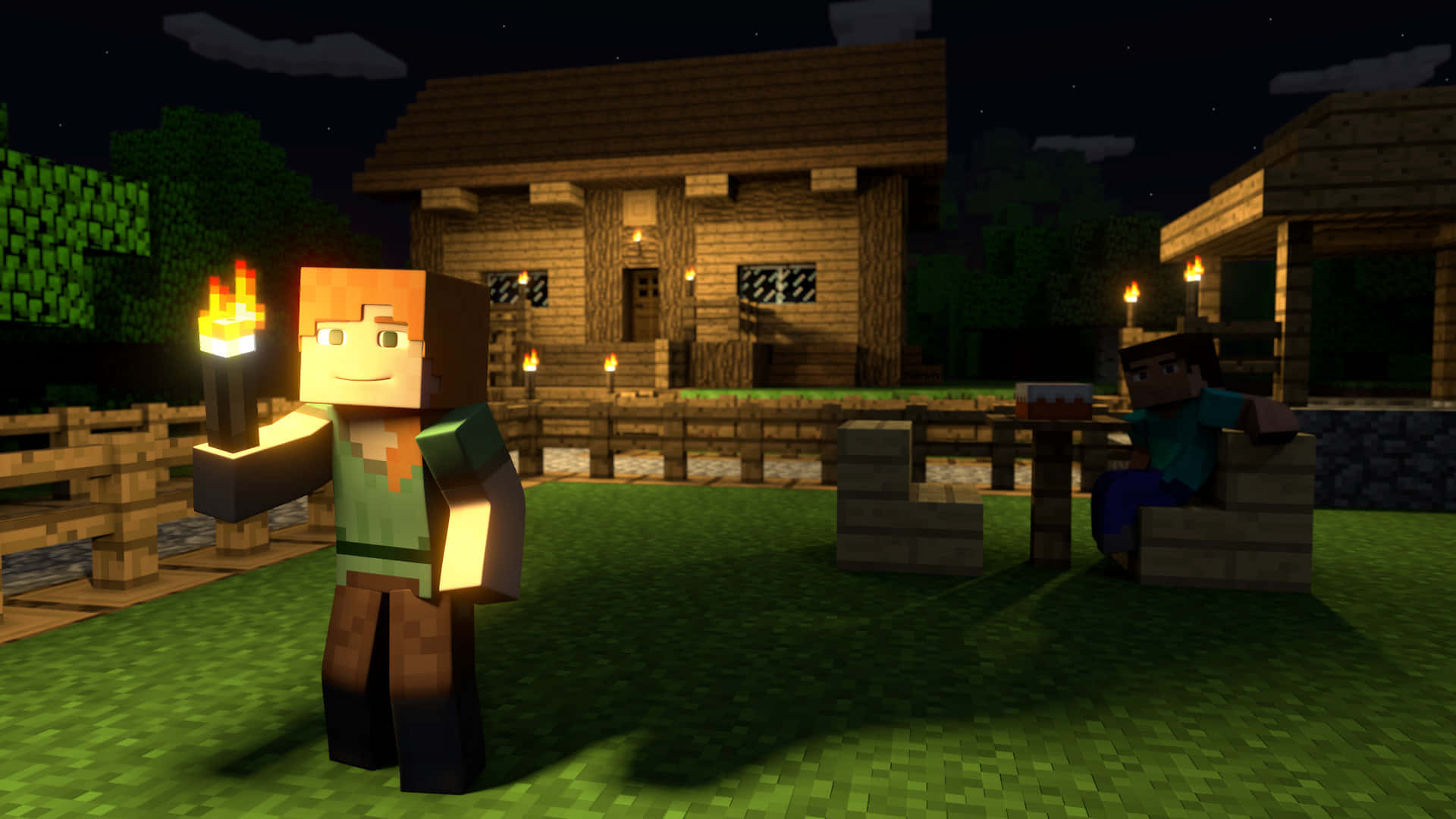 Minecraft Alex, torch, wooden house, Full HD Desktop Wallpaper