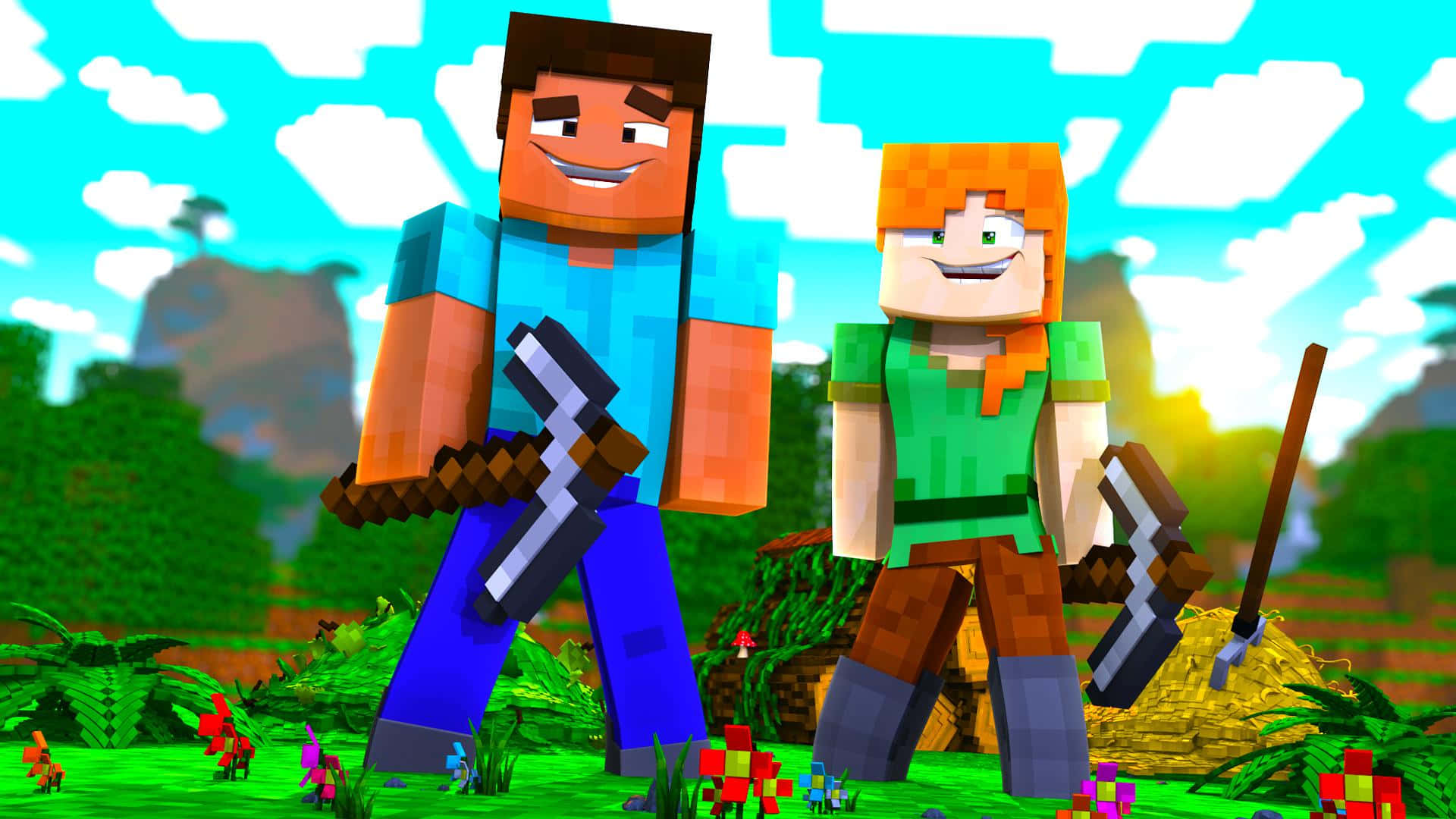 Minecraft Alex, vibrant pixelated forest, bright sky, Full HD Desktop Wallpaper