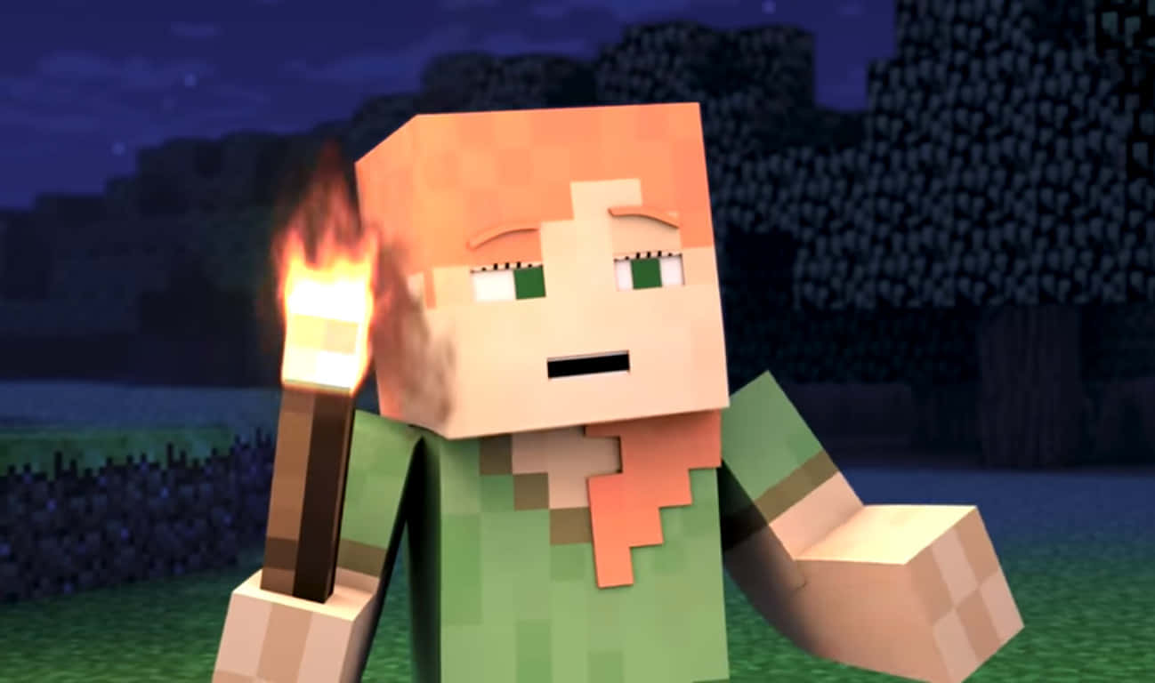 Minecraft Alex, orange hair, flaming torch, HD Desktop Wallpaper