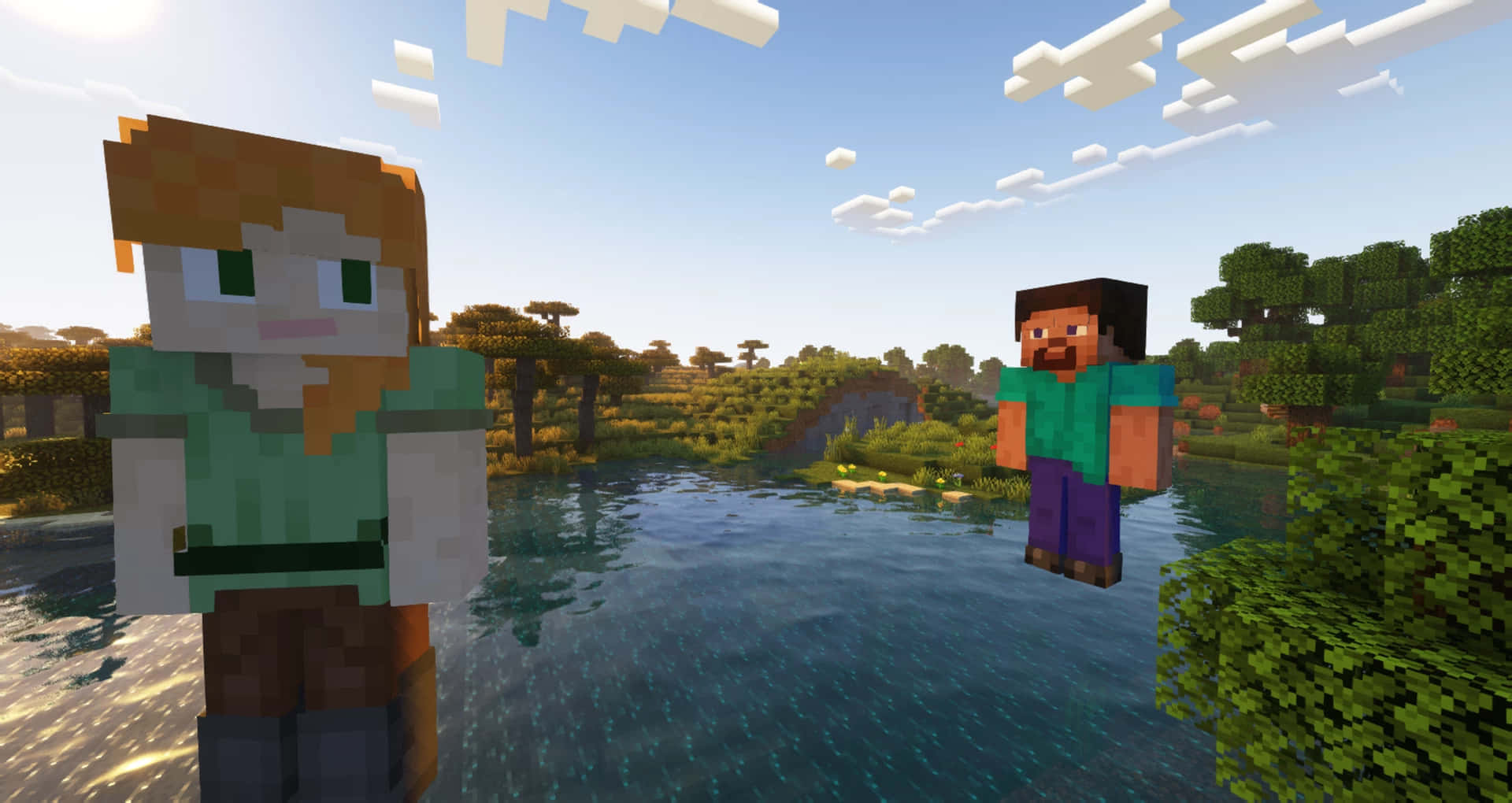 Minecraft Alex, blocky forest, river, Full HD Desktop Wallpaper