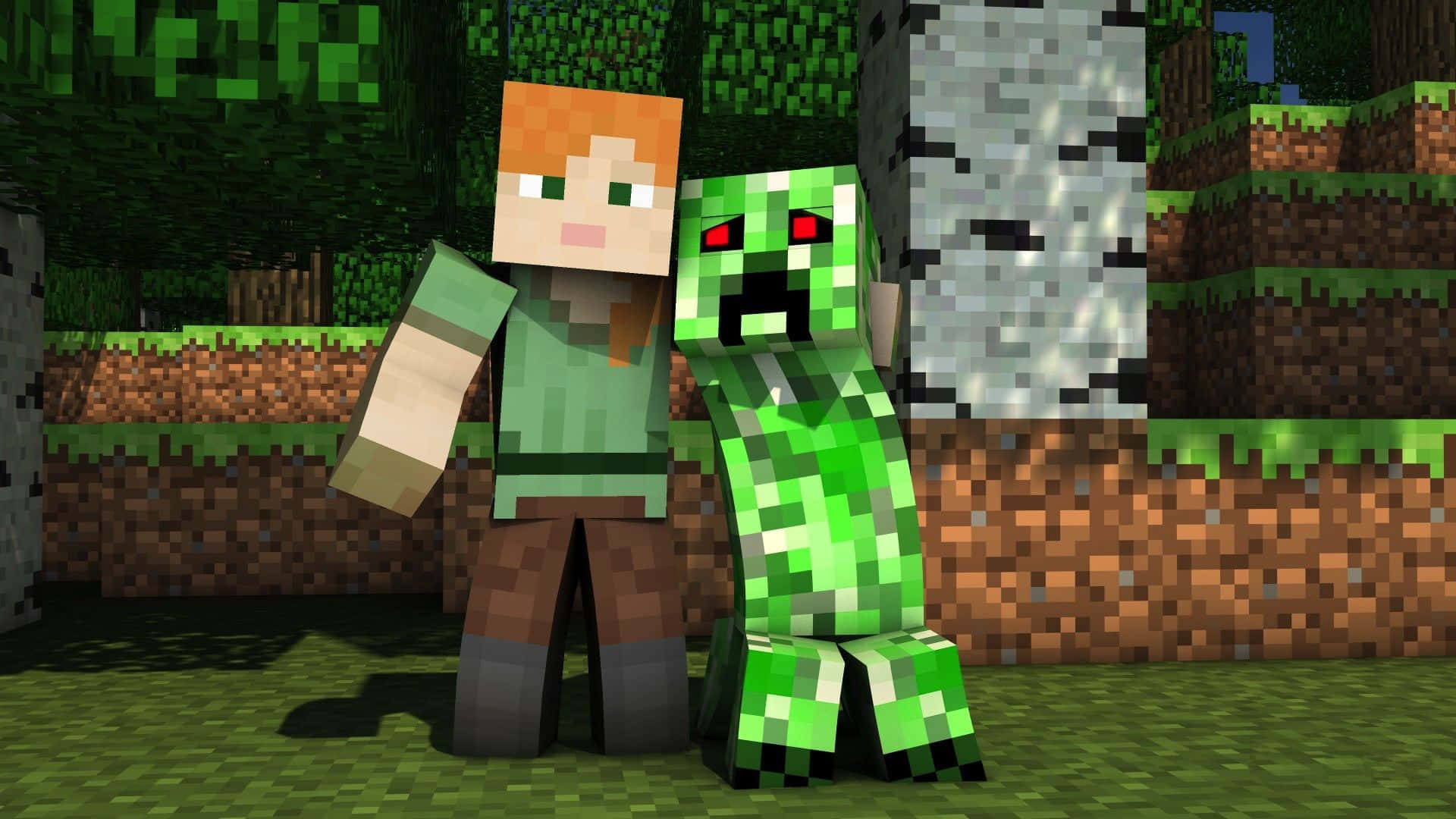 Minecraft Alex, green creeper, blocky forest, Full HD Desktop Wallpaper
