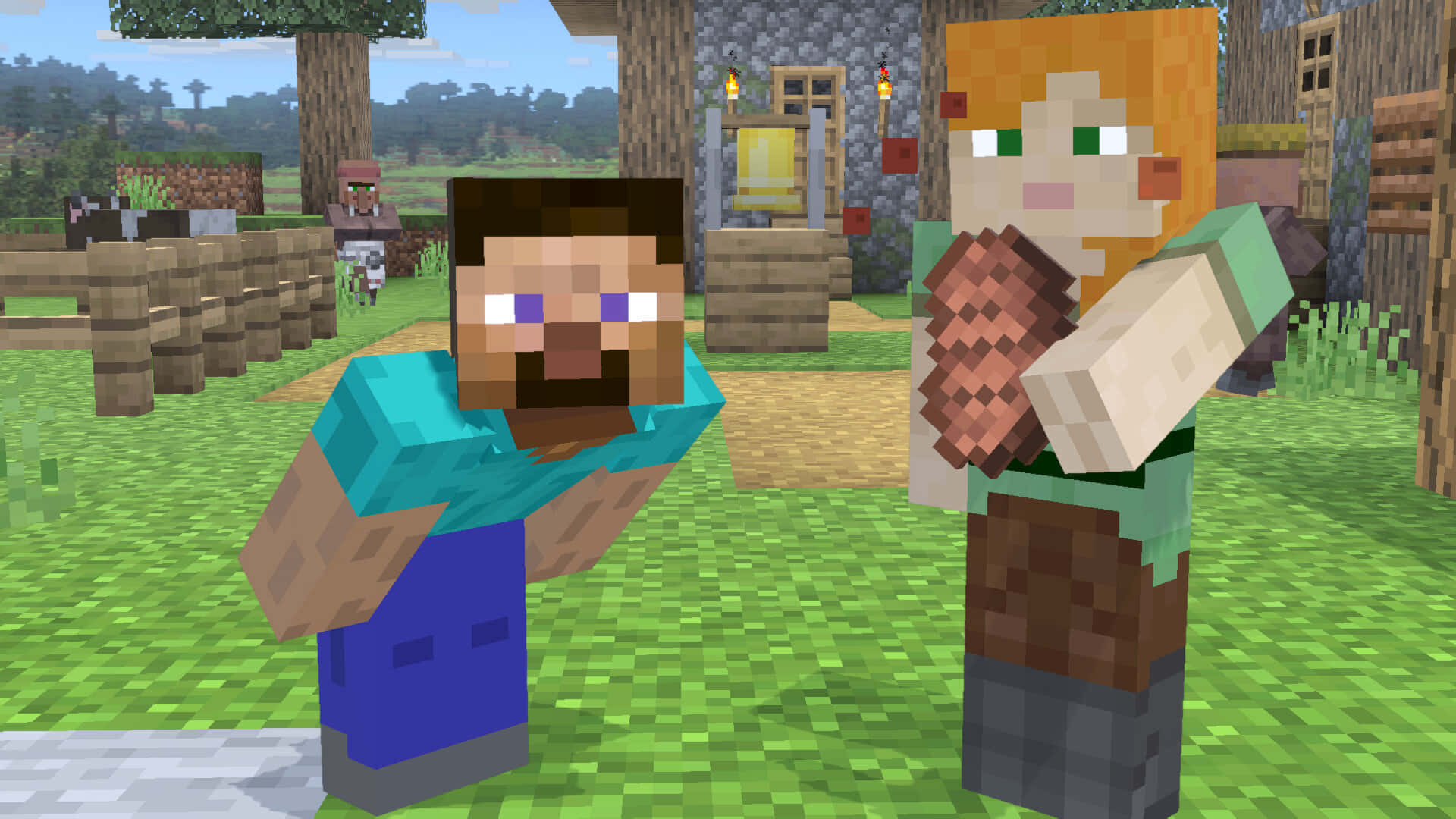 Minecraft Alex, pixelated Minecraft characters, grassy village, Full HD Desktop Wallpaper