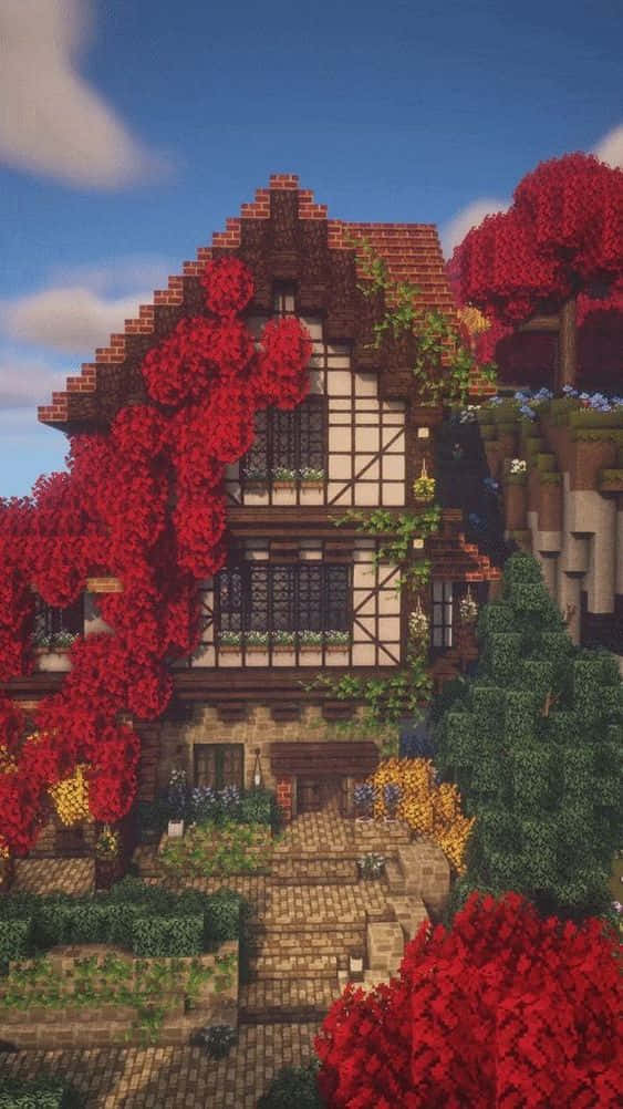 Minecraft Android, pixelated, half-timbered house, SD Phone Wallpaper