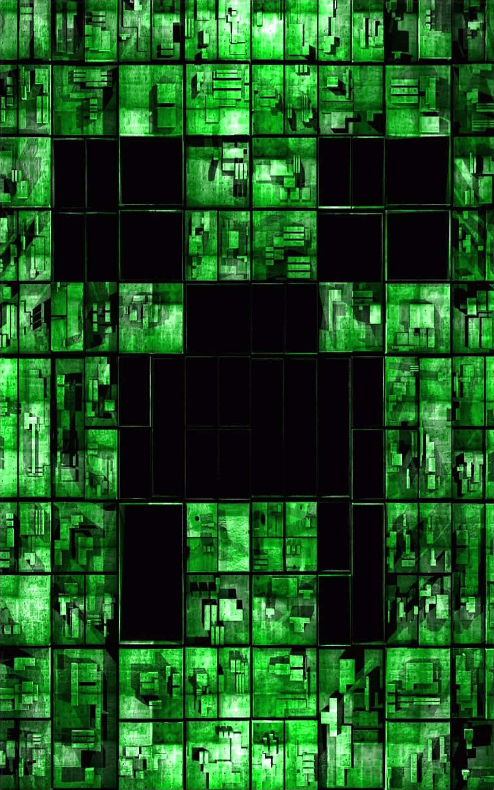 Minecraft Android, glowing green digital blocks, dark voids, HD Phone Wallpaper