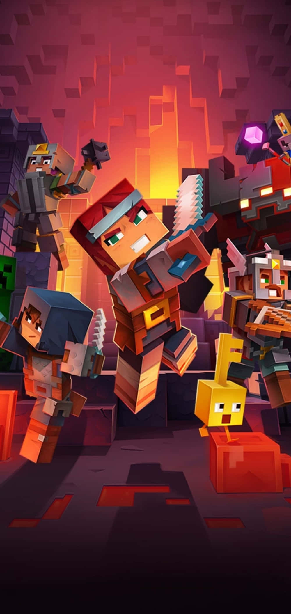 Minecraft Android, blocky pixel characters, fiery dungeon, Full HD Phone Wallpaper