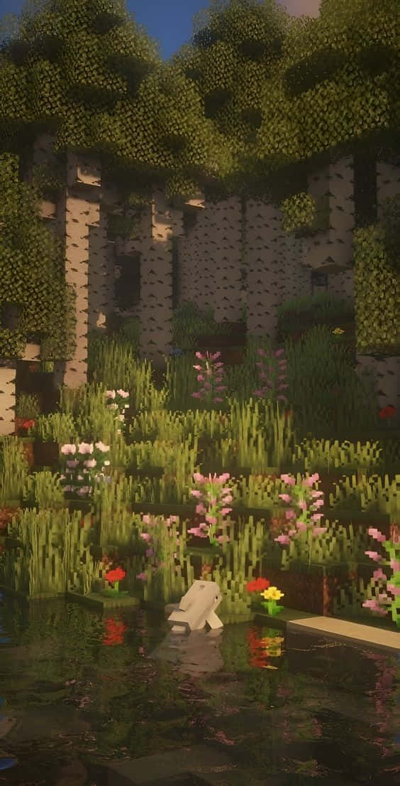 Minecraft Android, pixelated garden, blooming flowers, SD Phone Wallpaper