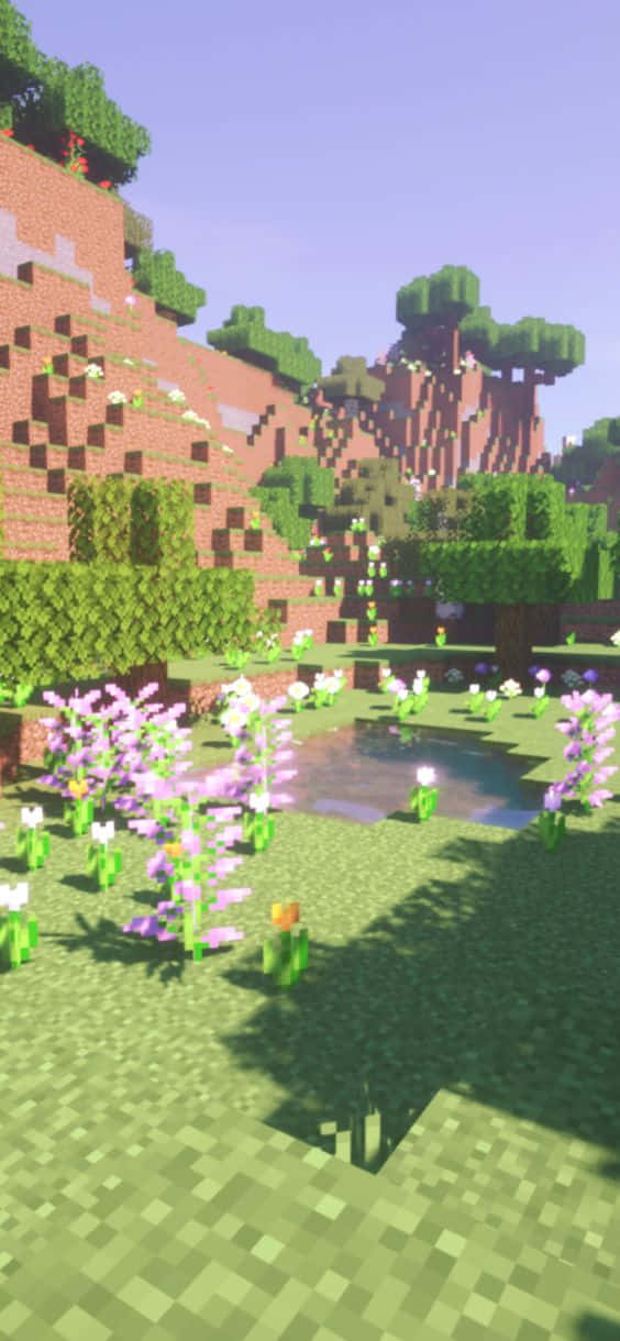 Minecraft Android, pixelated, purple flowers, SD Phone Wallpaper
