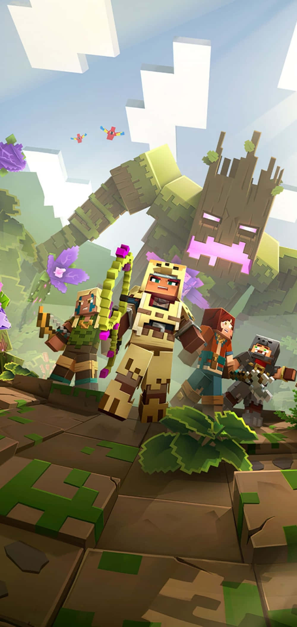 Minecraft Android, blocky adventurers, giant tree creature, Full HD Phone Wallpaper