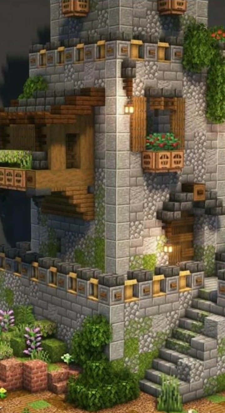 Minecraft Architecture, pixelated stone castle, wooden balconies, HD Phone Wallpaper