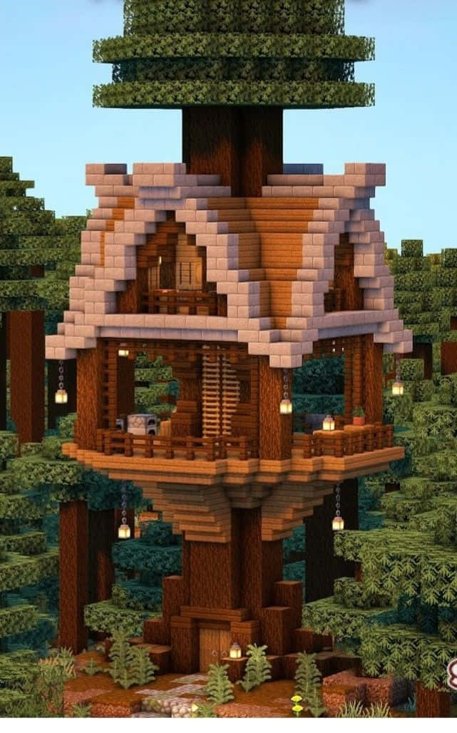 Minecraft Architecture, treehouse, wooden blocks, SD Phone Wallpaper
