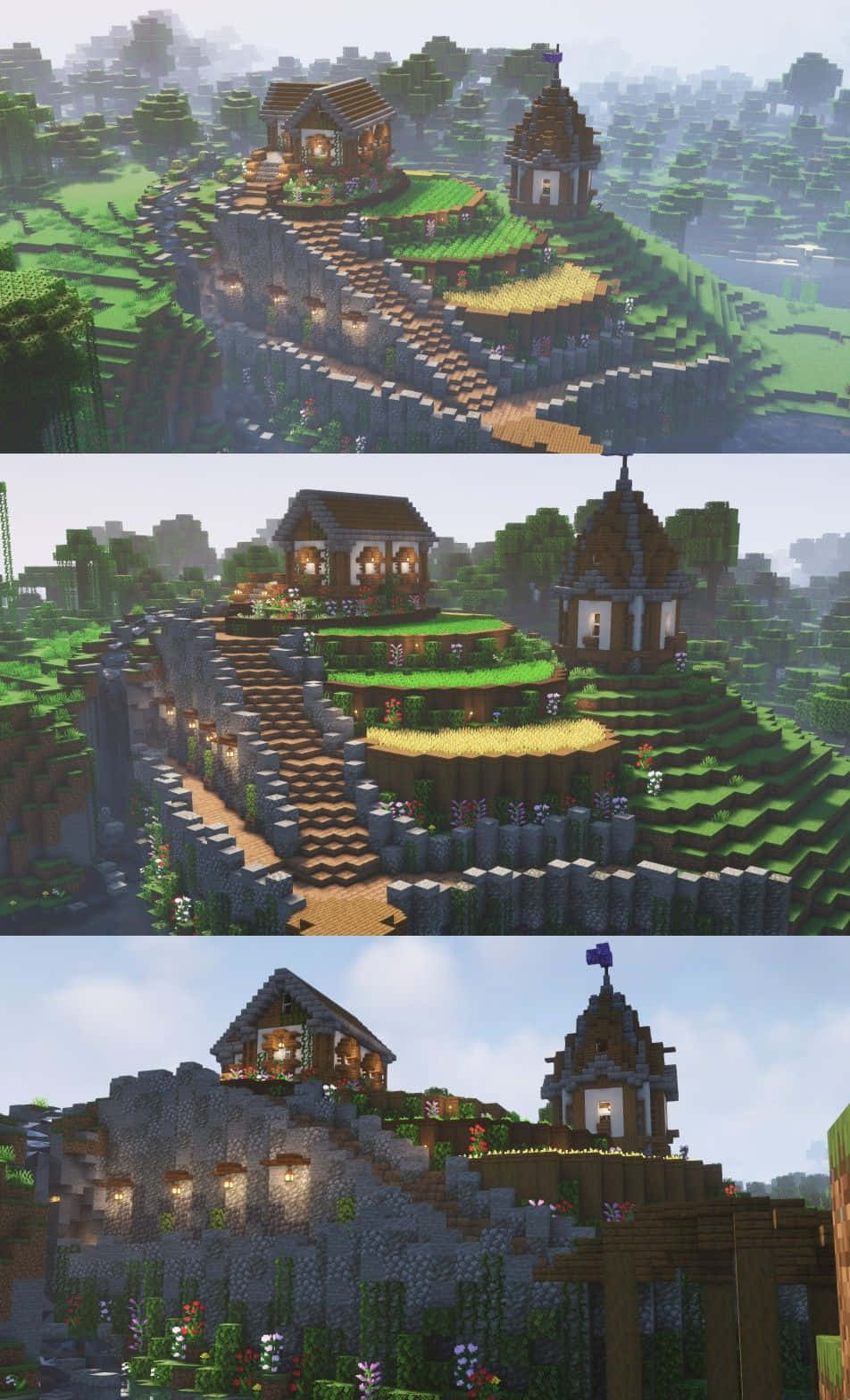 Minecraft Architecture, pixelated village, terraced hills, HD Phone Wallpaper