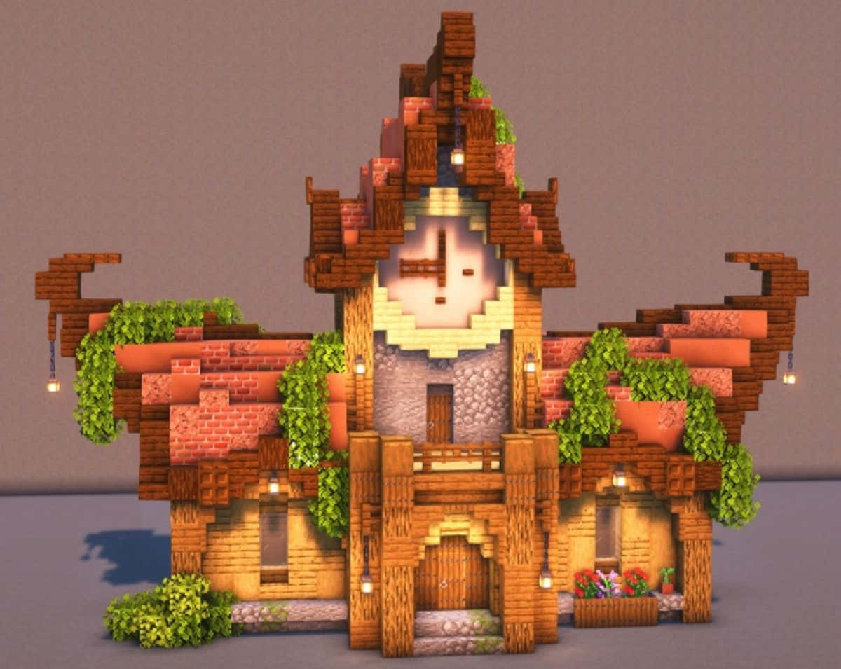 Minecraft, clock tower house, wooden beams, SD Desktop Wallpaper