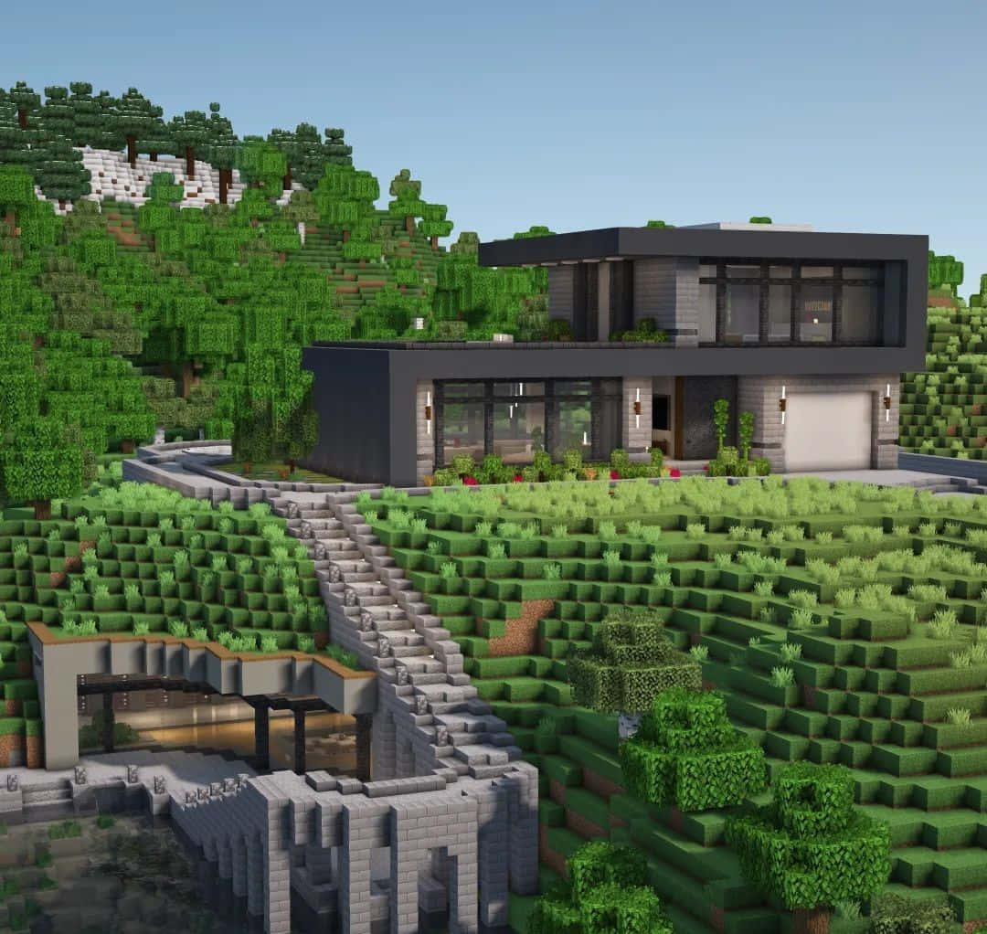 Minecraft, modern Minecraft house, grassy hillside, SD Desktop Wallpaper