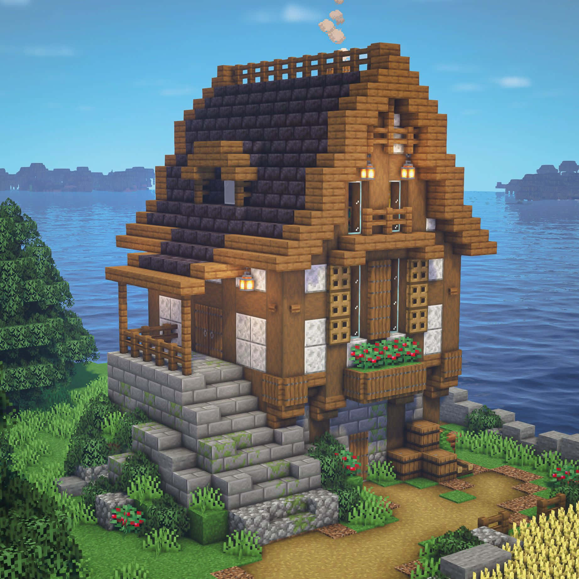Minecraft Architecture, pixelated wooden house, stone foundation, HD Desktop Wallpaper