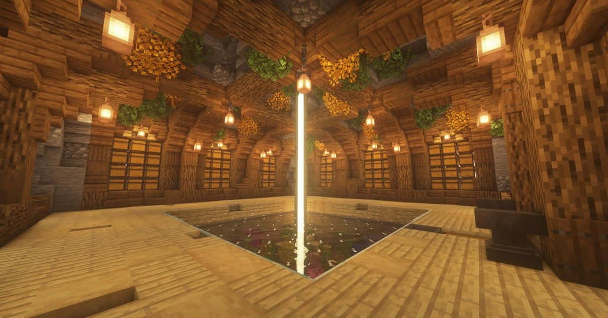 Minecraft, wooden interior, glowing pool, SD Desktop Wallpaper