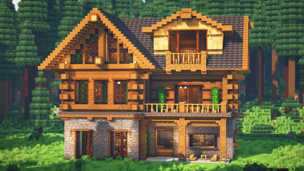 Minecraft Architecture, pixelated wooden cabin, stone foundation, HD Desktop Wallpaper