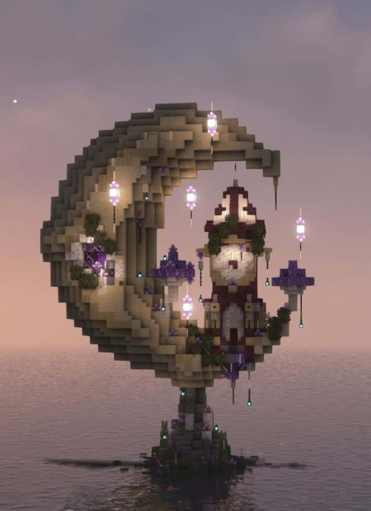 Minecraft Architecture, glowing pixelated moon-shaped structure, hanging lanterns, SD Phone Wallpaper