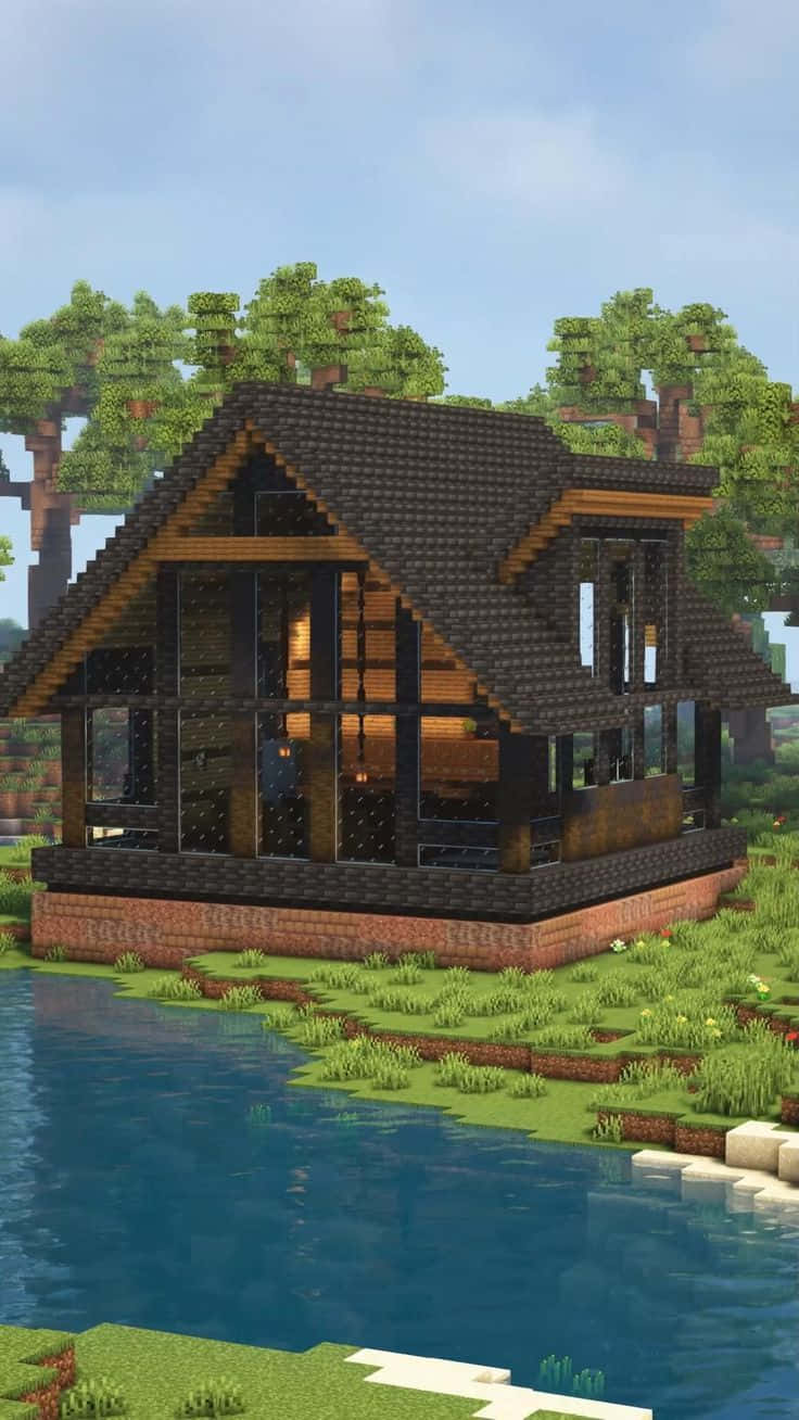 Minecraft Architecture, pixelated cabin, wooden beams, HD Phone Wallpaper