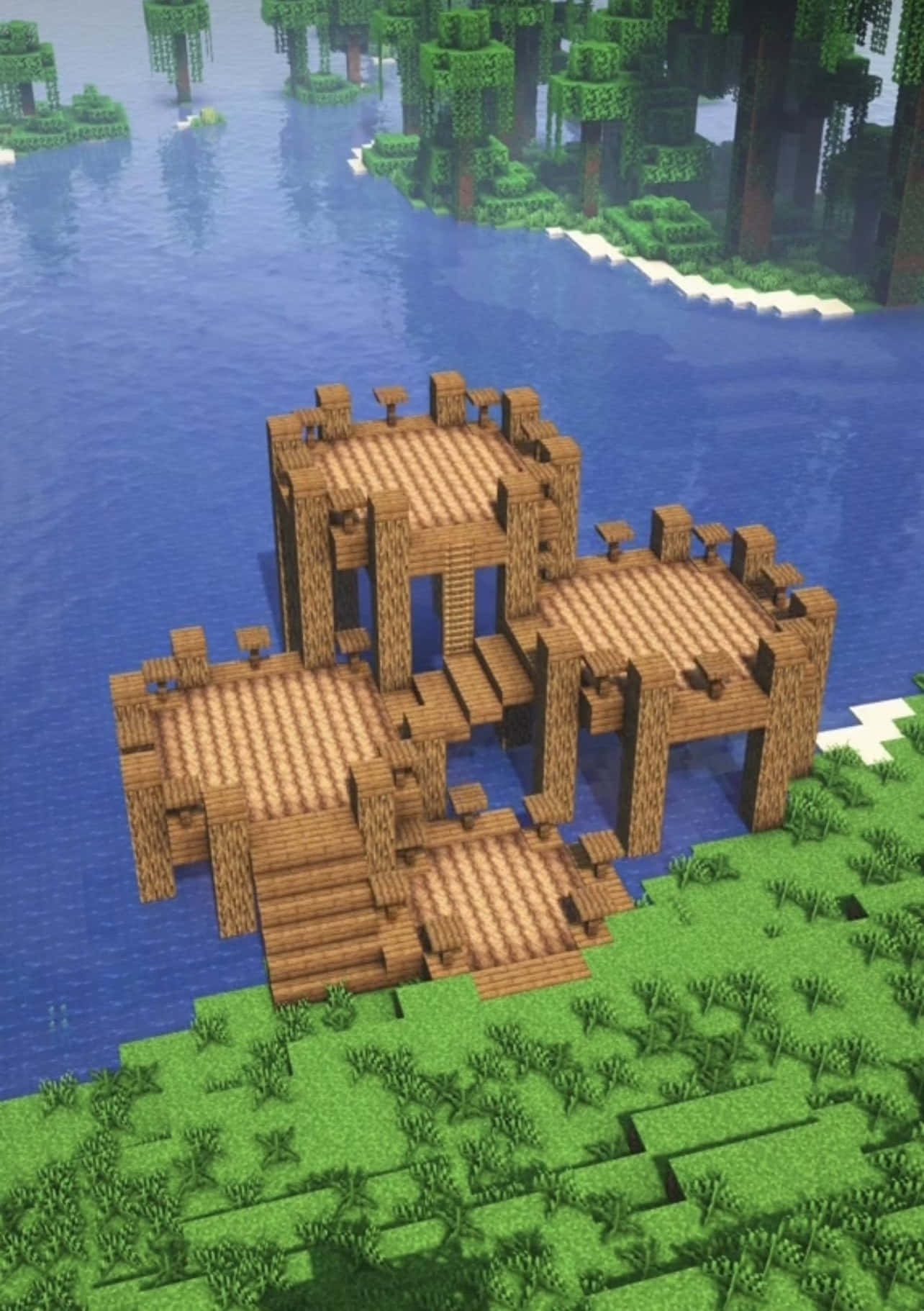Minecraft Architecture, pixelated wooden house, multiple levels, HD Phone Wallpaper