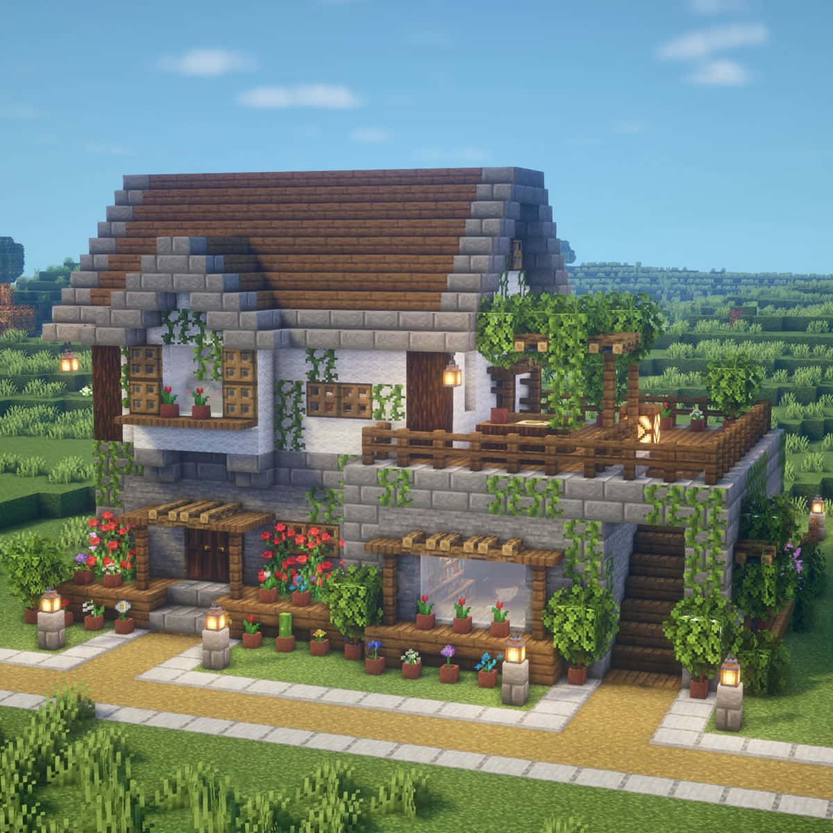 Minecraft, cottage, stone walls, SD Desktop Wallpaper